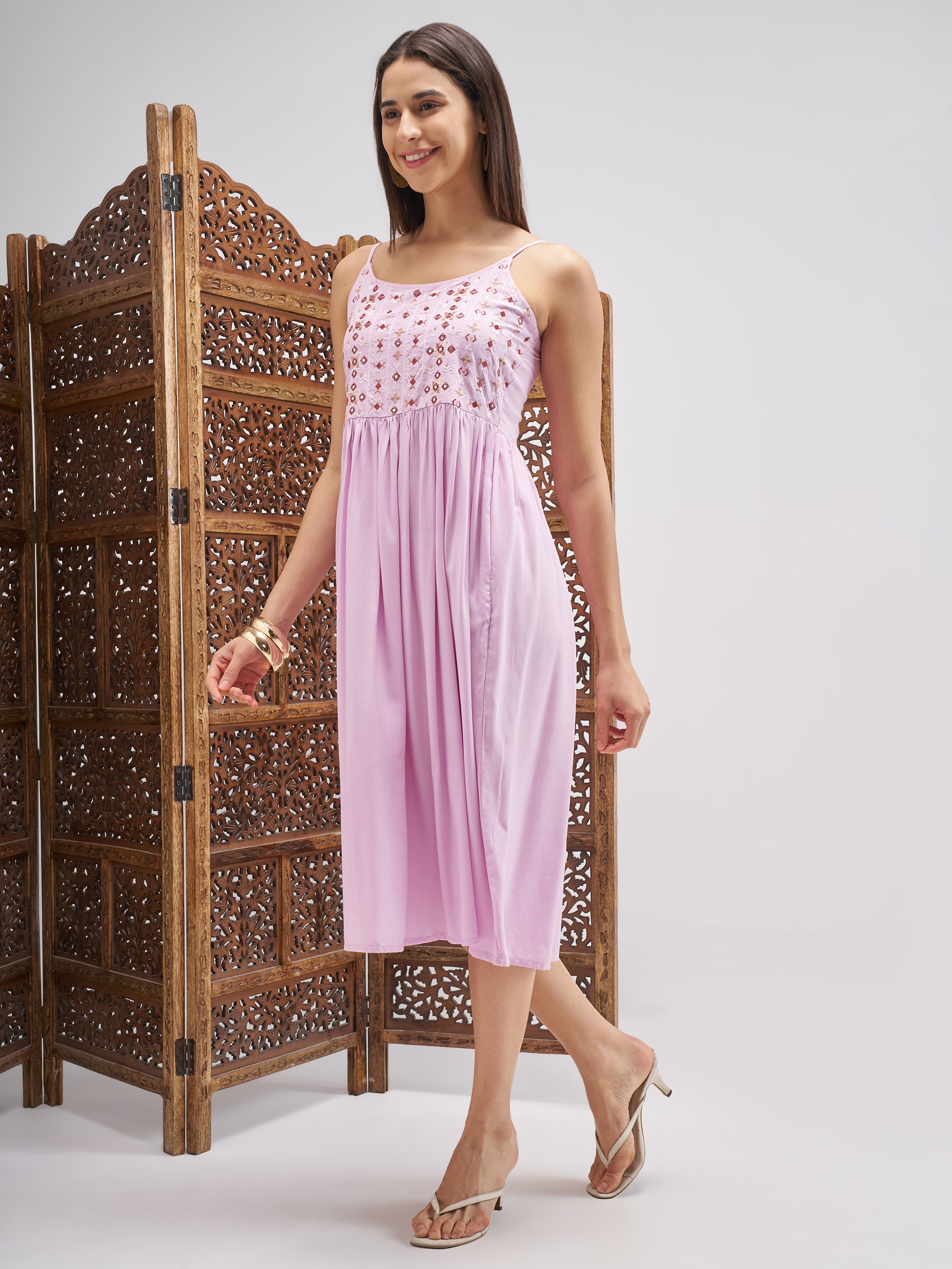 Vishudh Women Lilac Embroidered Fit and Flare Dress - Lilac - Image 2