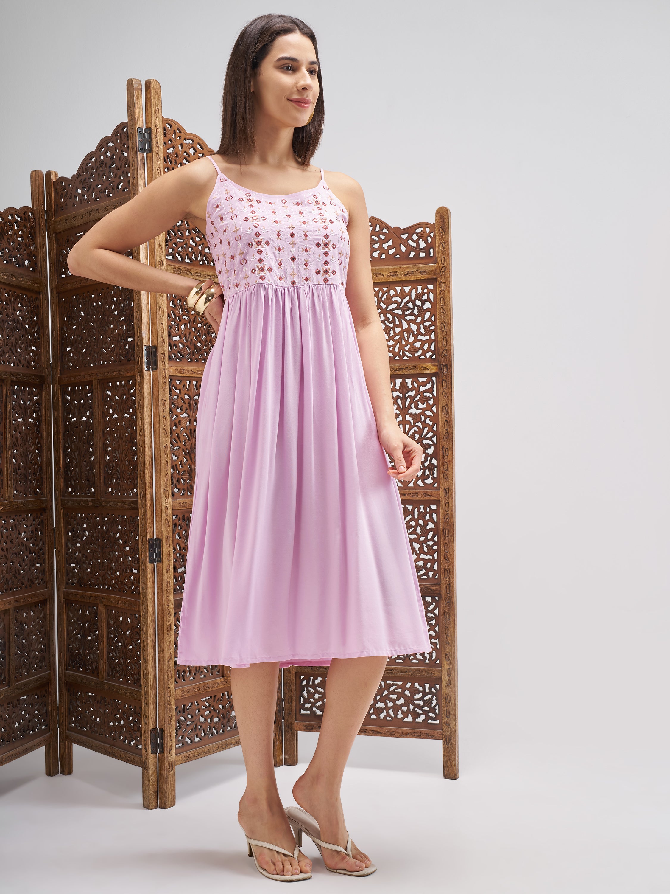 Vishudh Women Lilac Embroidered Fit and Flare Dress - Lilac - Image 4