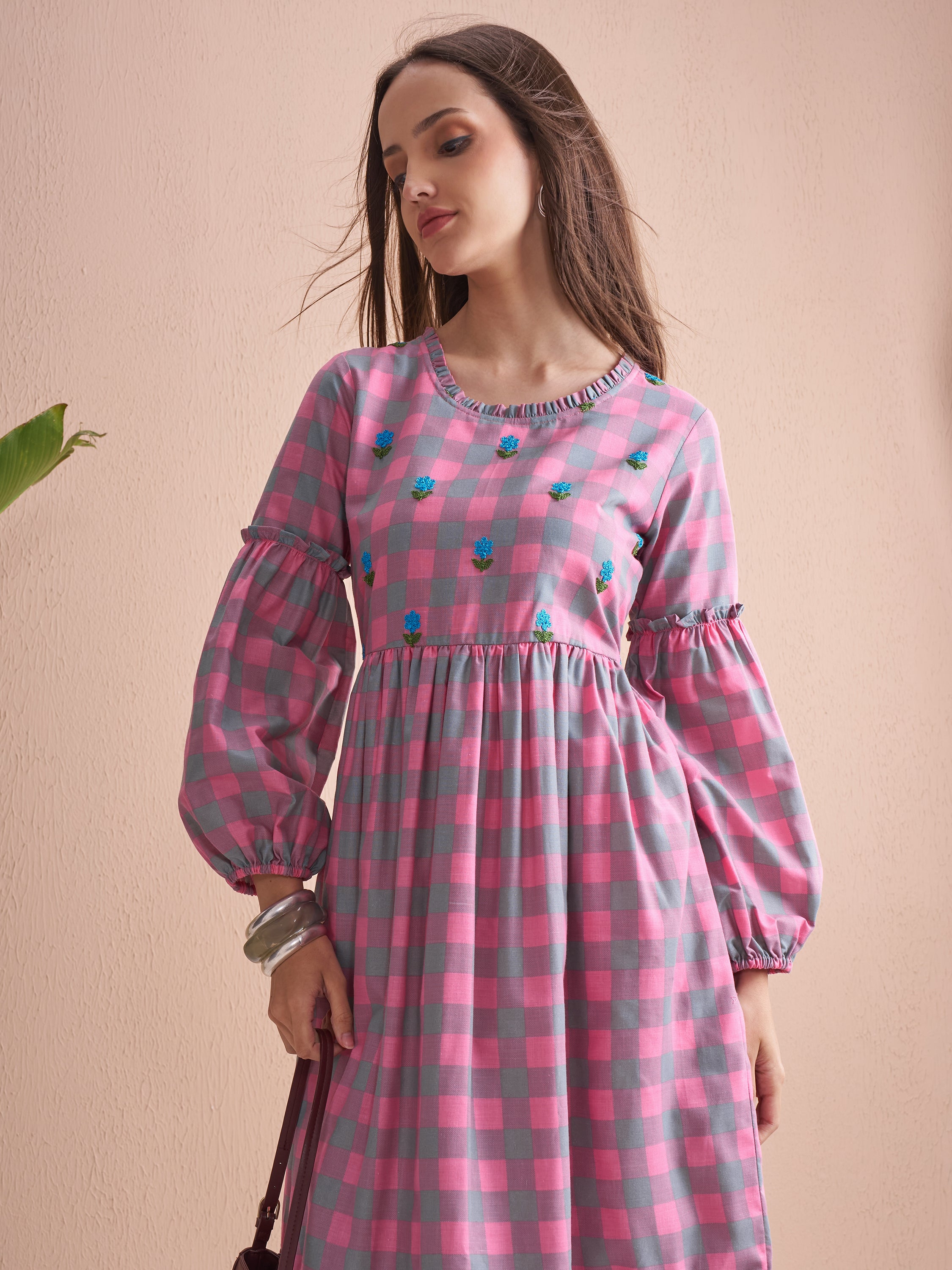 Vishudh Women Pink Checked Fit and Flare Dress - Pink - Image 1