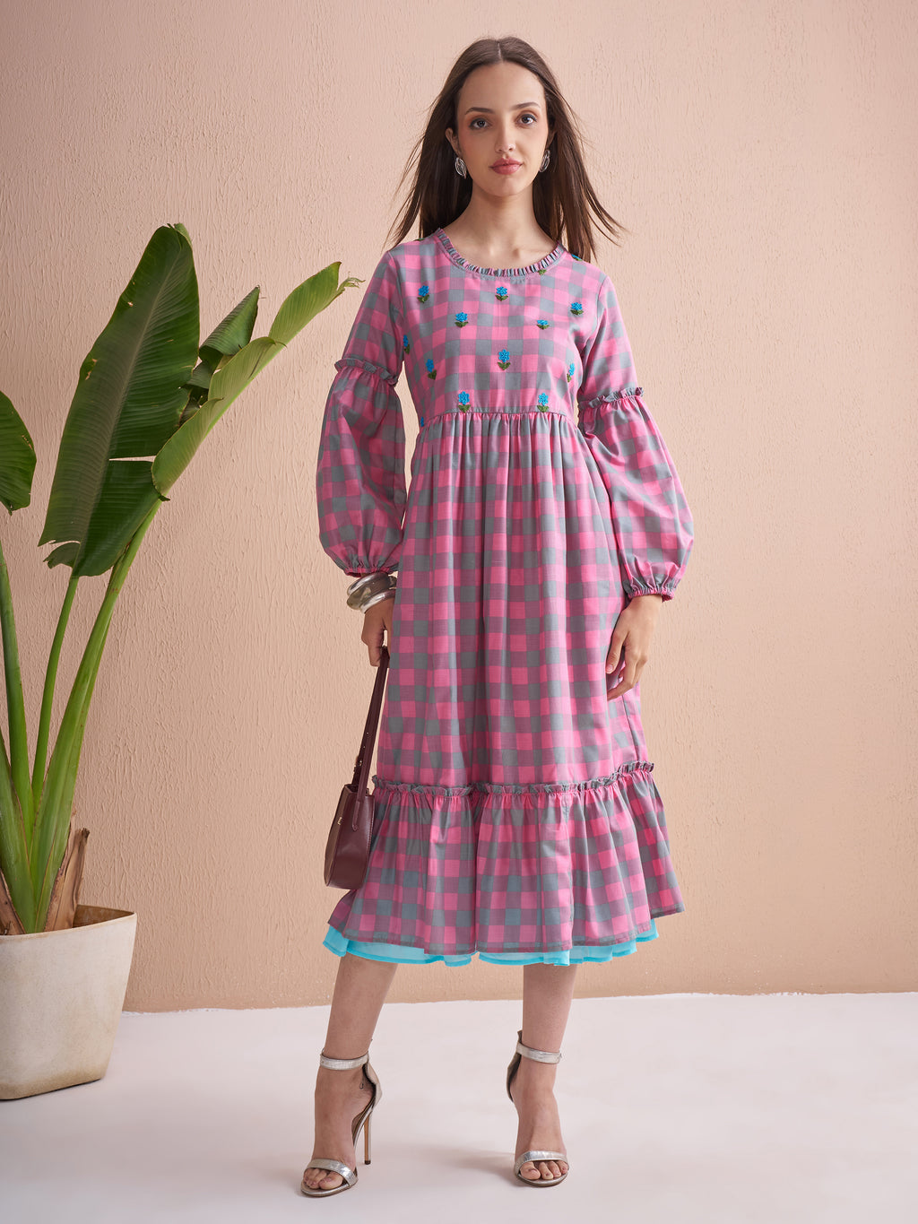 Vishudh Women Pink Checked Fit and Flare Dress - Pink - Image 2