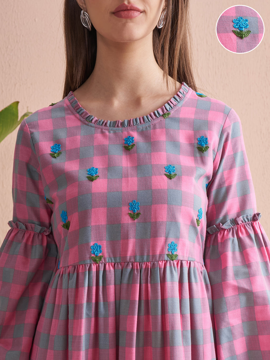 Vishudh Women Pink Checked Fit and Flare Dress - Pink - Image 5