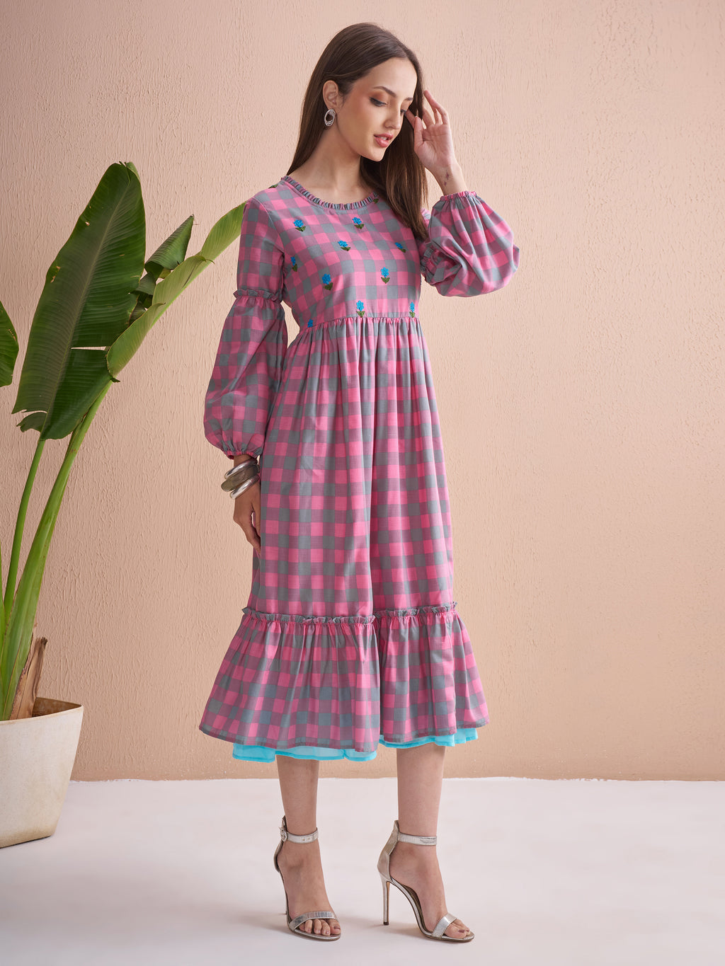 Vishudh Women Pink Checked Fit and Flare Dress - Pink - Image 6