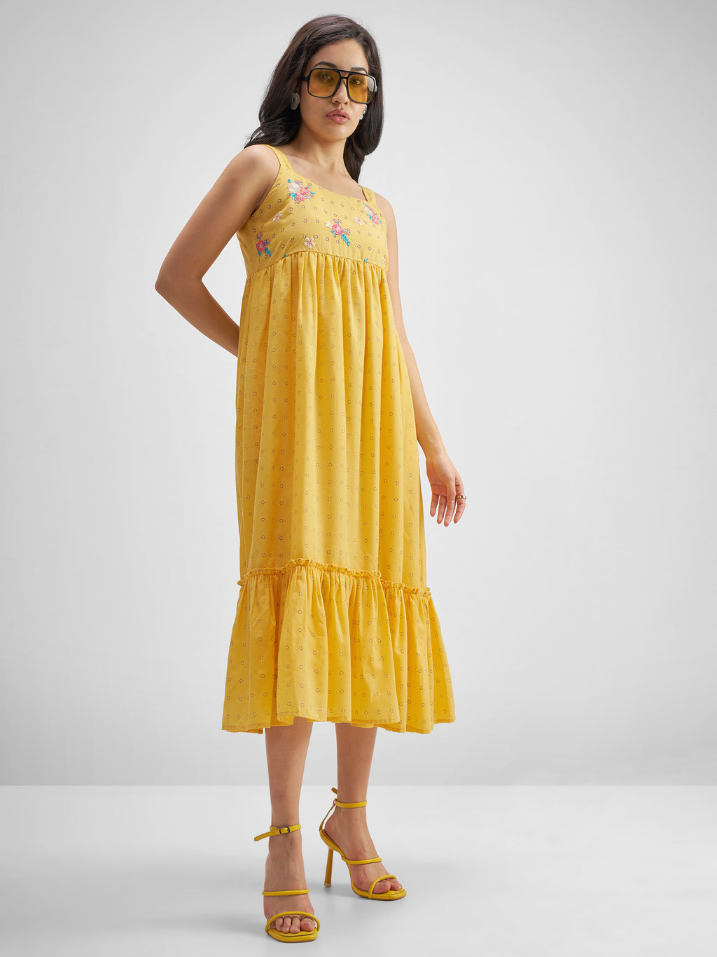 Vishudh Women Yellow Embroidered Fit And Flare Dress - Yellow - Image 4