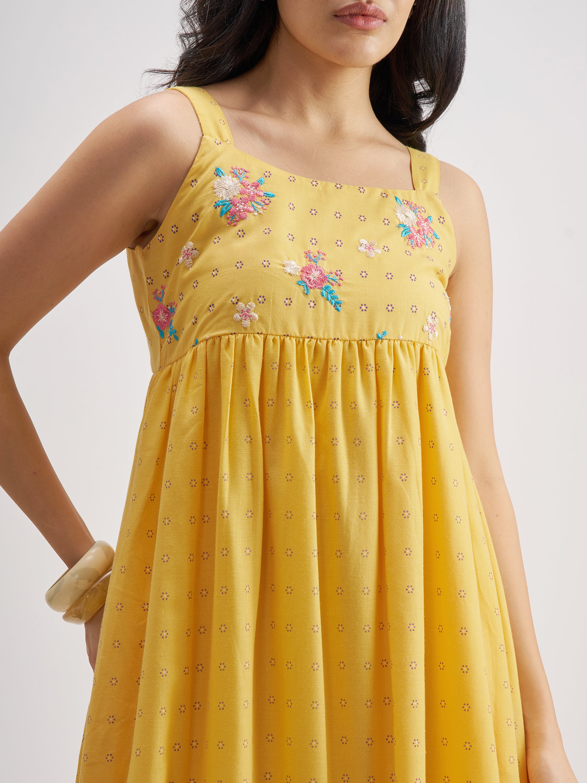 Vishudh Women Yellow Embroidered Fit And Flare Dress - Yellow - Image 5