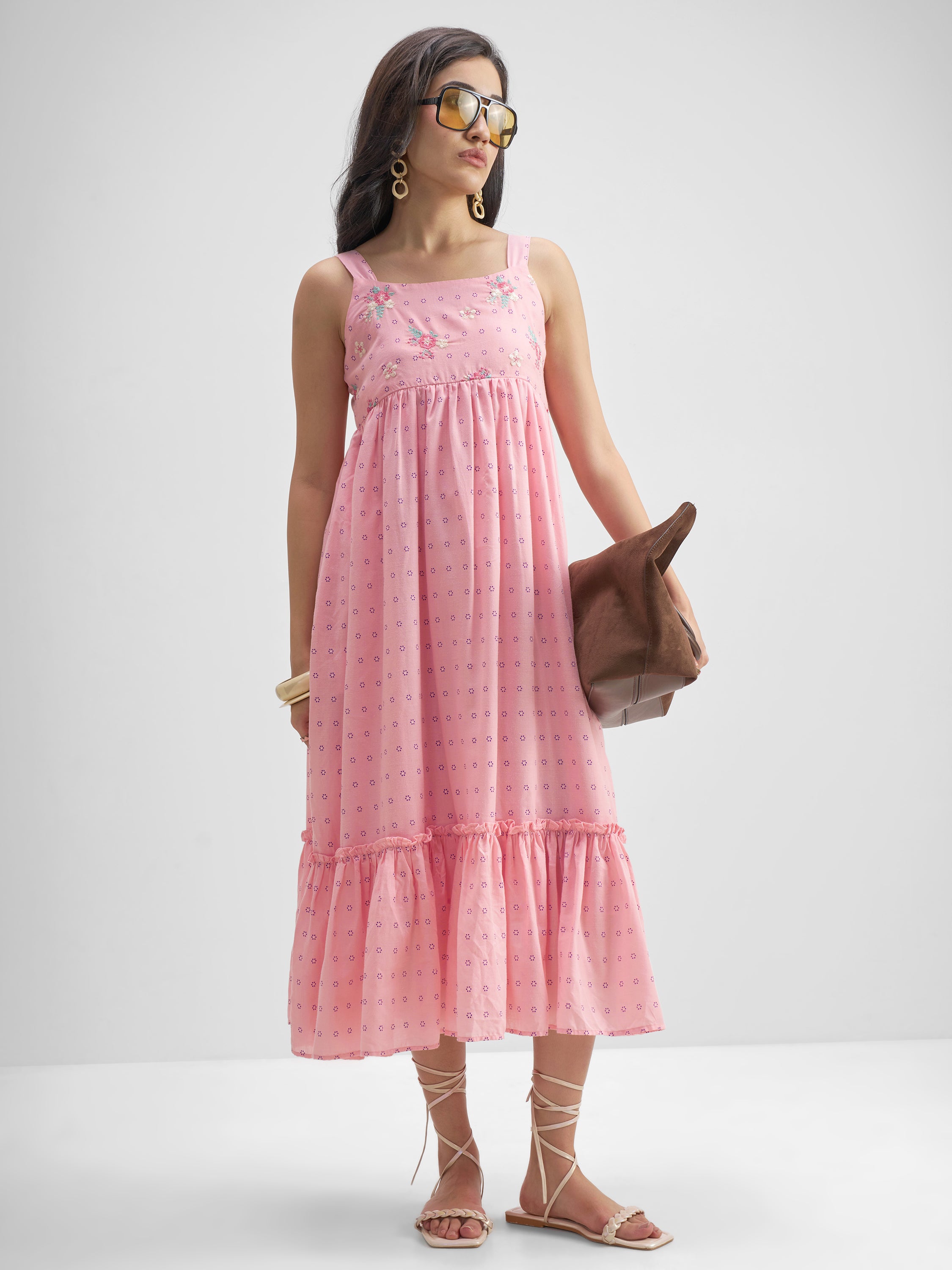 Vishudh Women Pink Embroidered Fit And Flare Dress - Pink - Image 1