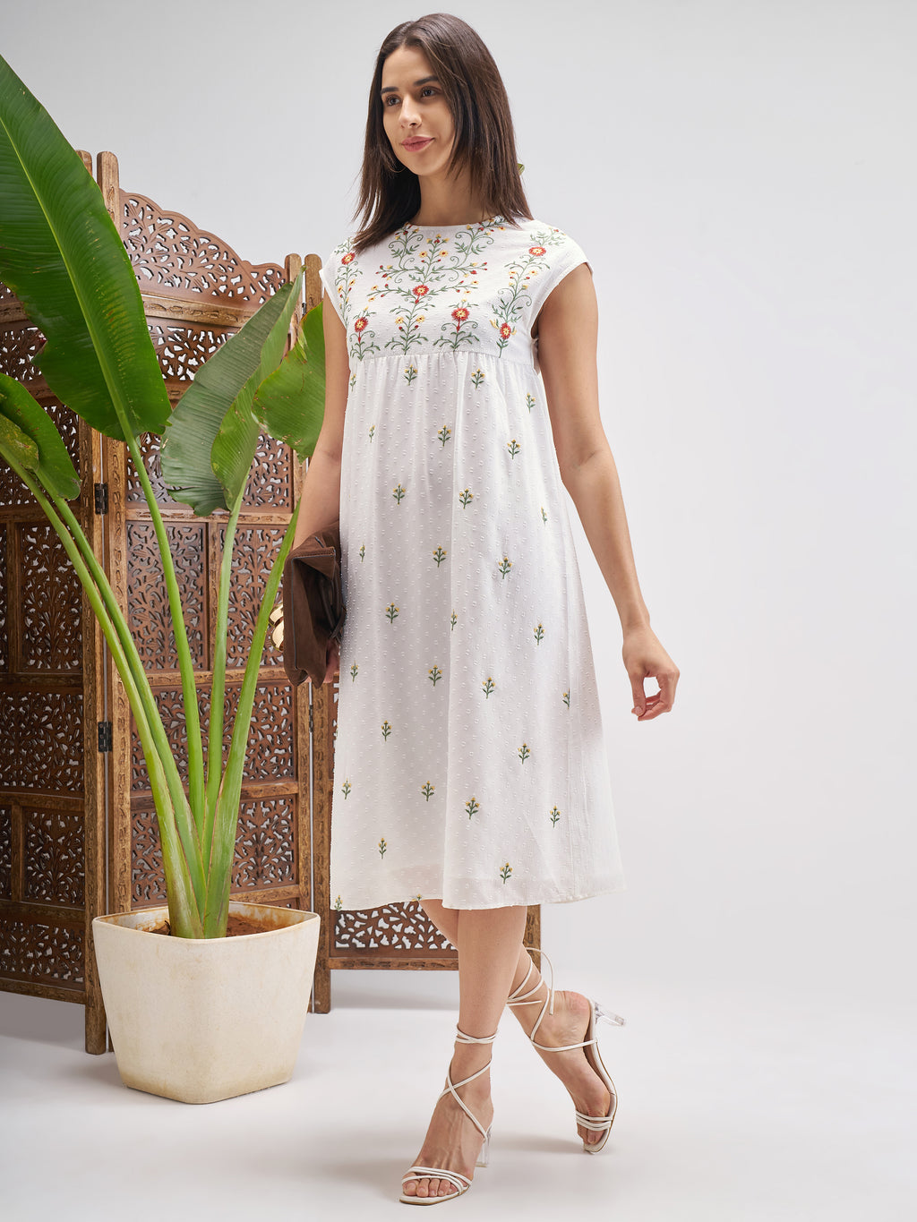 Vishudh Women Off White Embroidered Fit and Flare Dress - Off White - Image 2