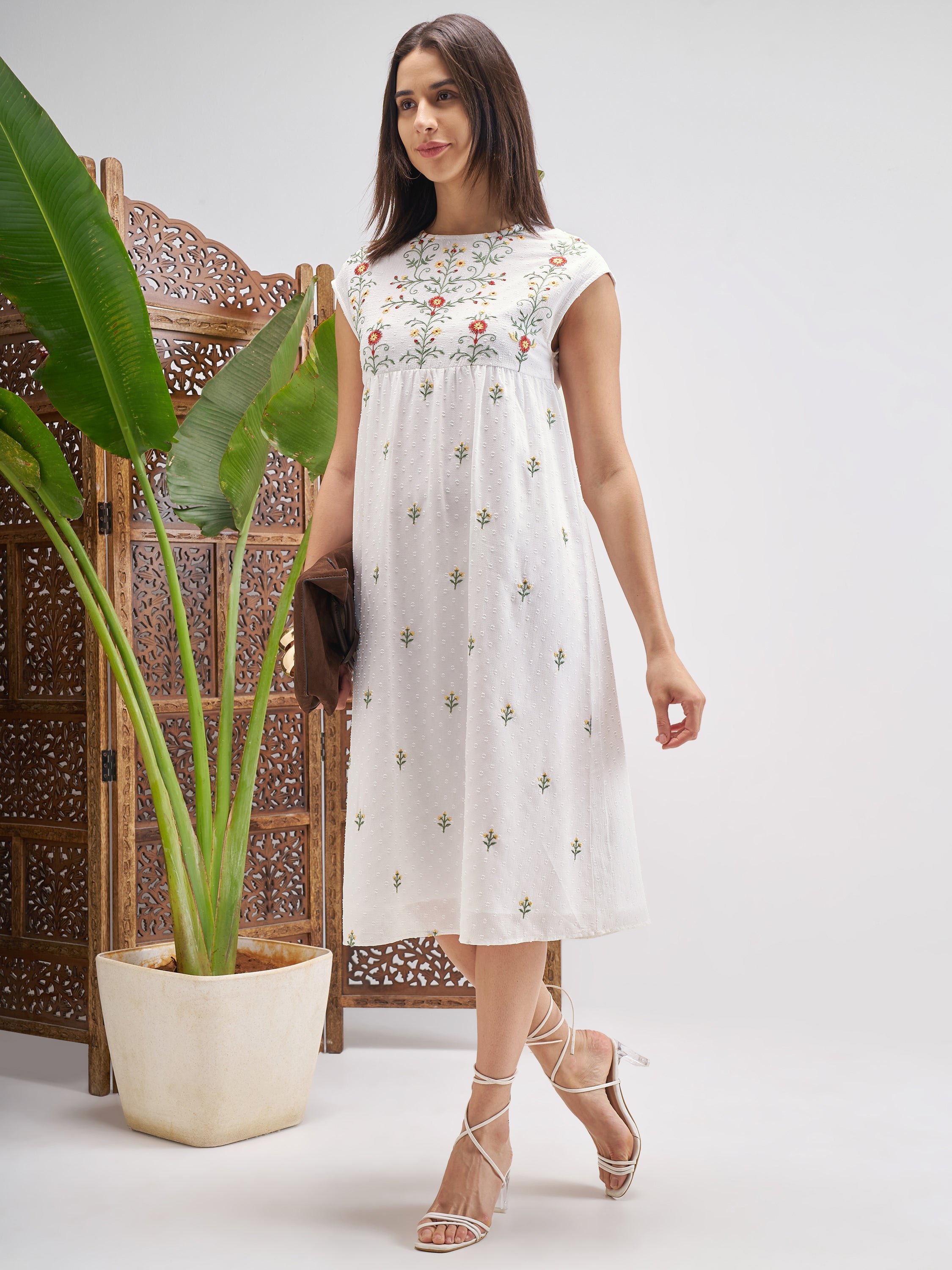 Vishudh Women Off White Embroidered Fit and Flare Dress - Off White - Image 2