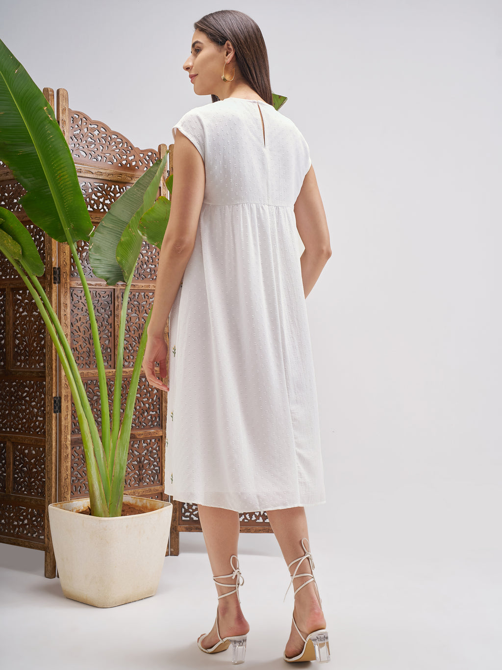 Vishudh Women Off White Embroidered Fit and Flare Dress - Off White - Image 3