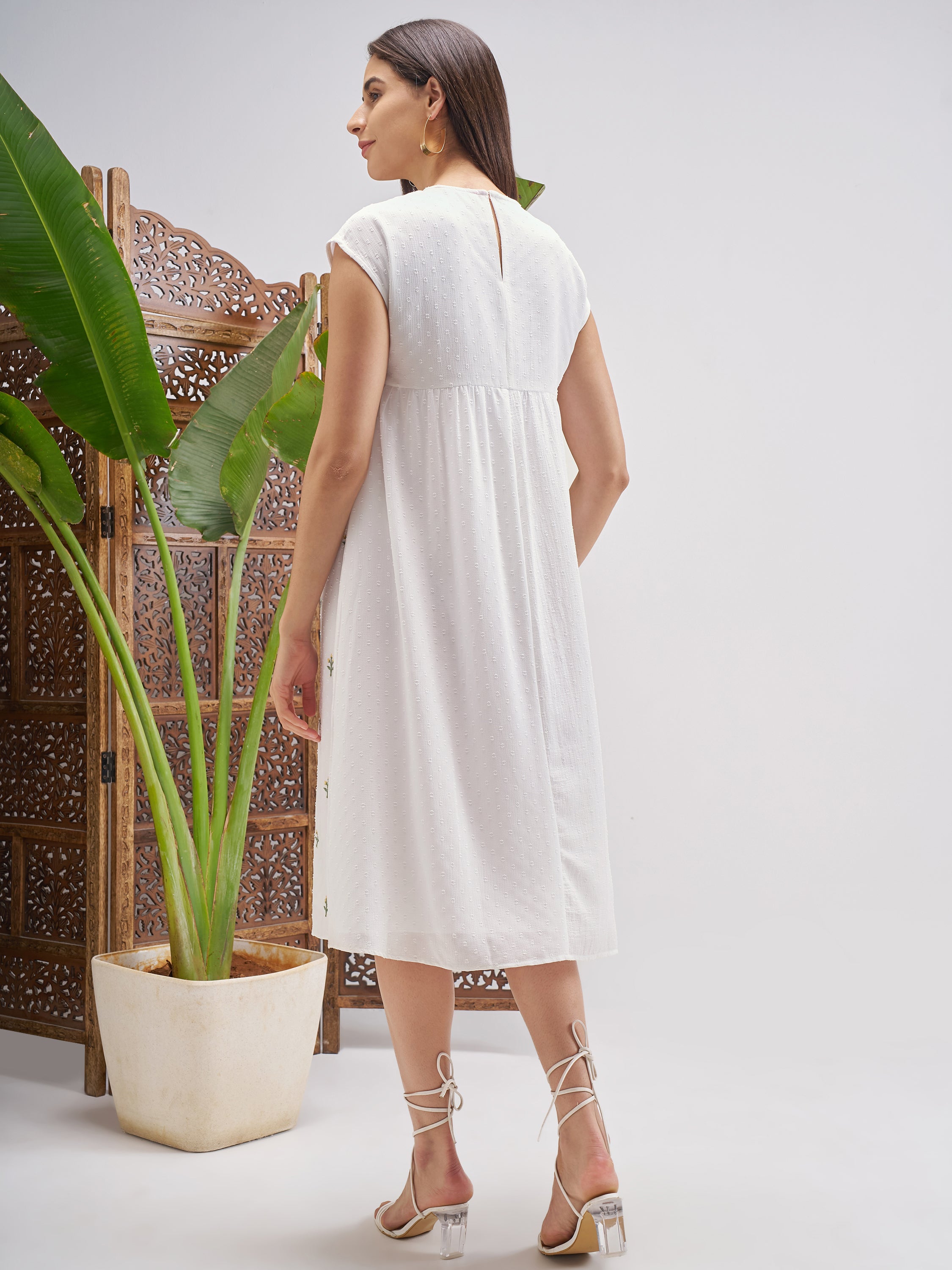 Vishudh Women Off White Embroidered Fit and Flare Dress - Off White - Image 3