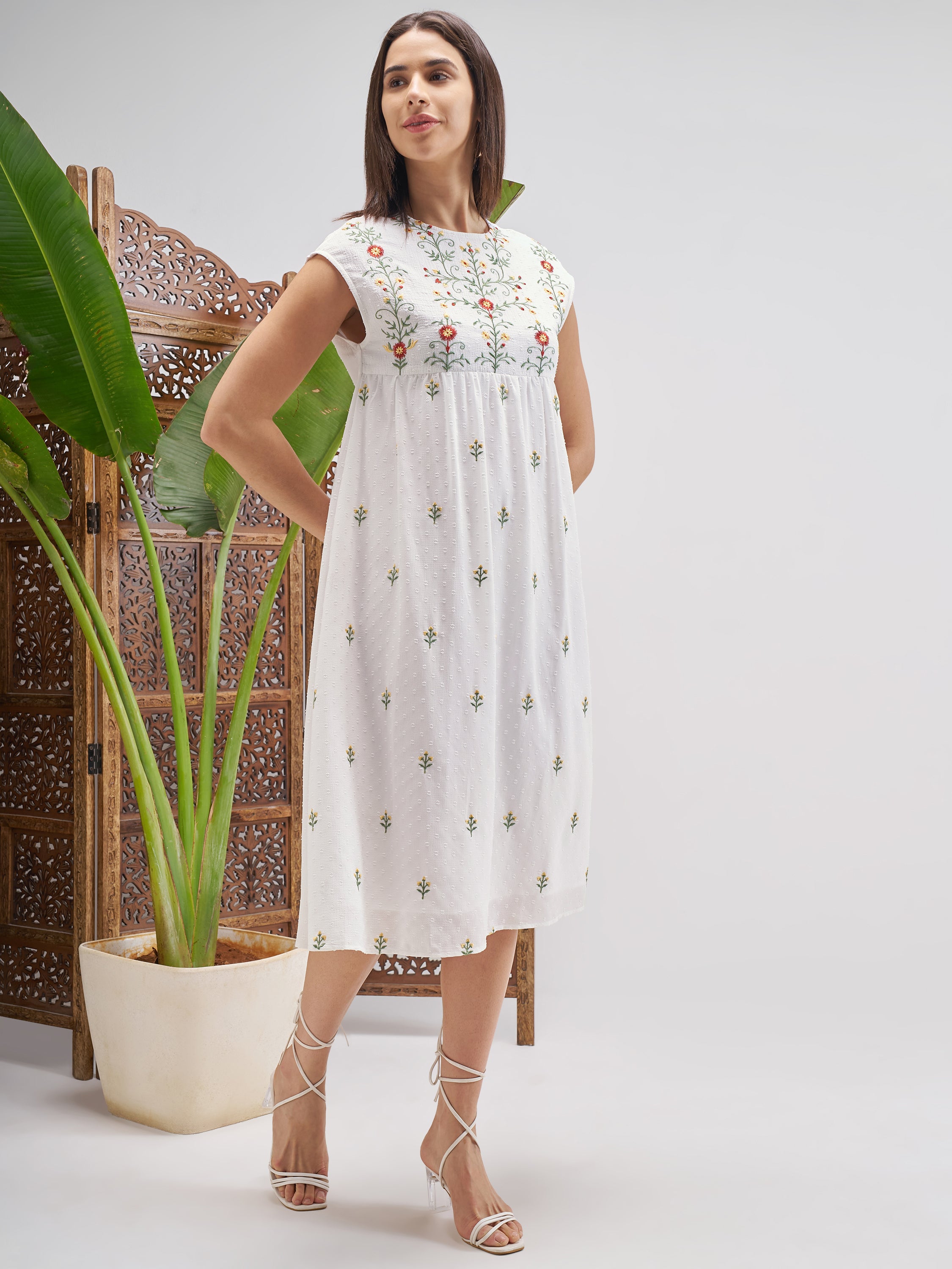 Vishudh Women Off White Embroidered Fit and Flare Dress - Off White - Image 4