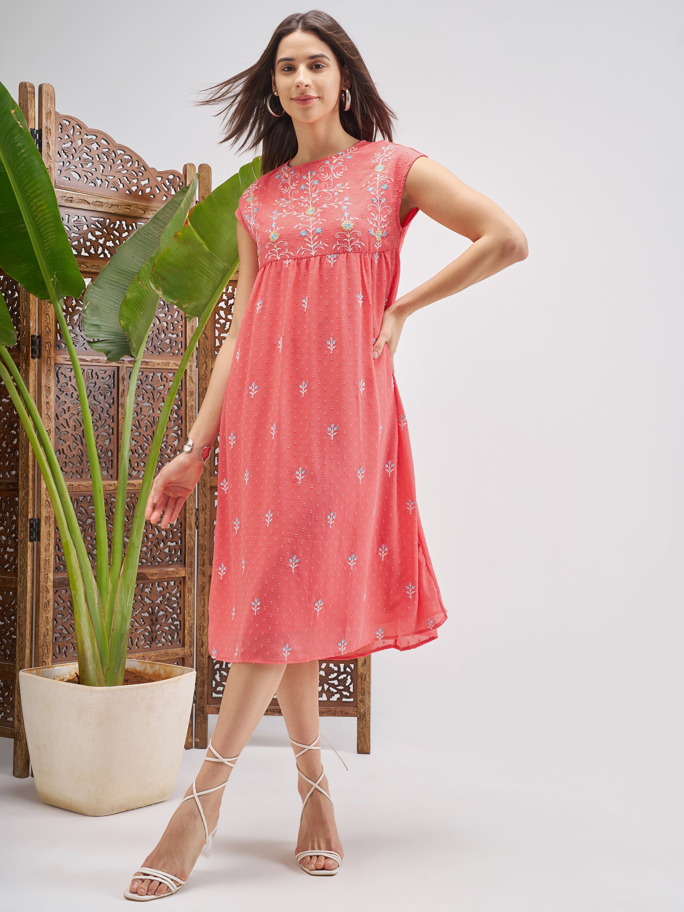 Vishudh Women Peach Embroidered Fit and Flare Dress - Peach - Image 1