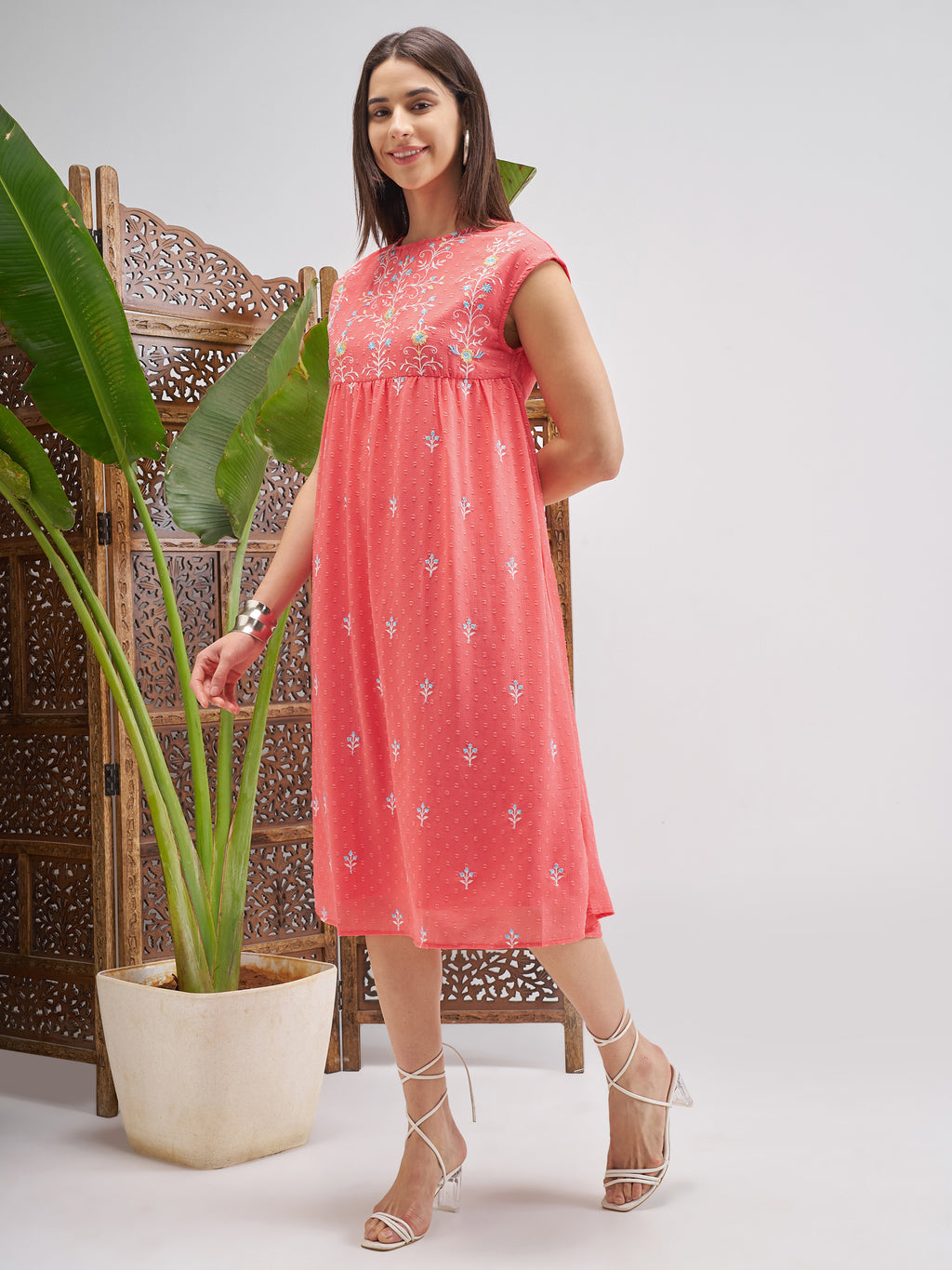 Vishudh Women Peach Embroidered Fit and Flare Dress - Peach - Image 2