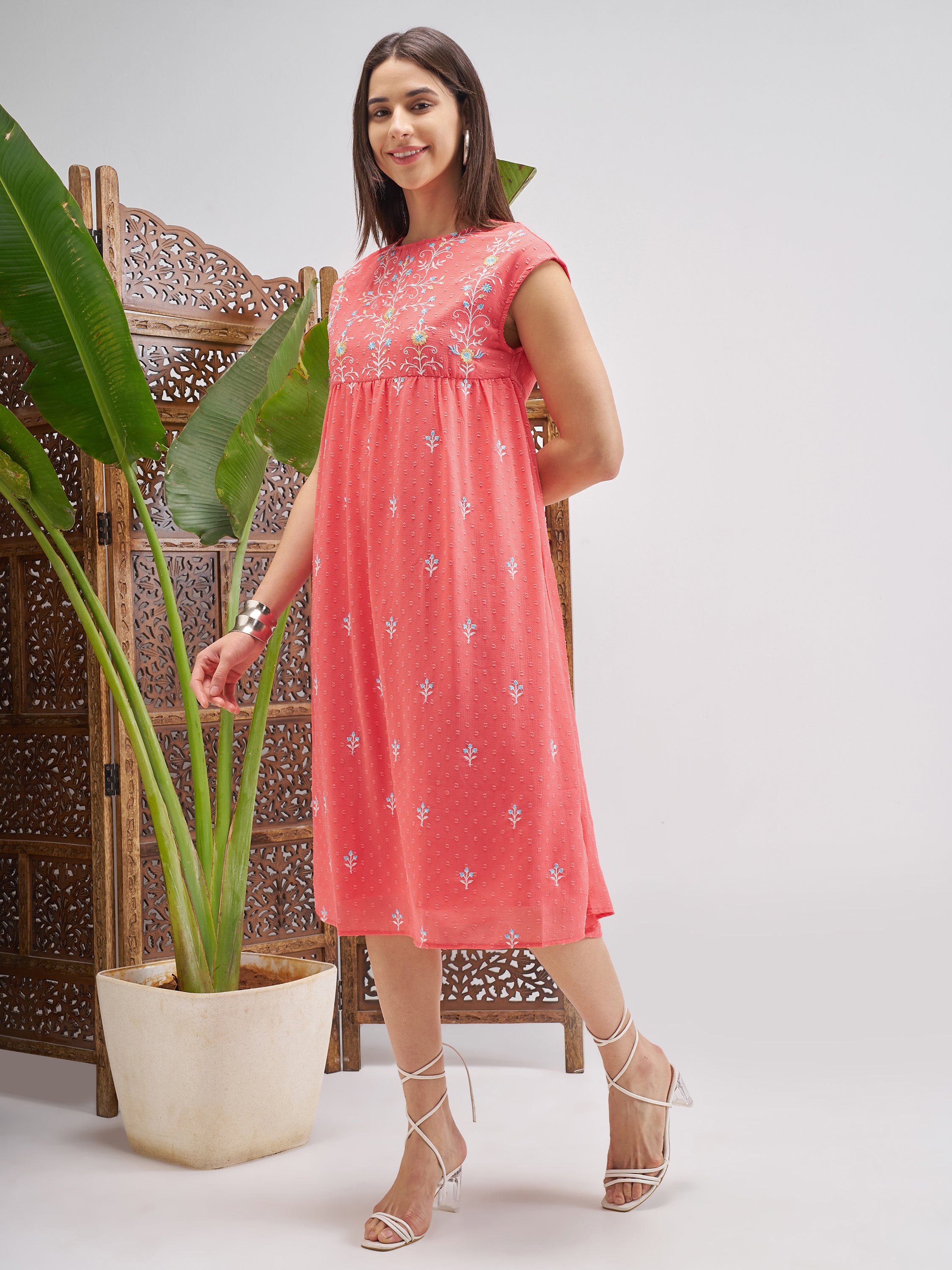 Vishudh Women Peach Embroidered Fit and Flare Dress - Peach - Image 2