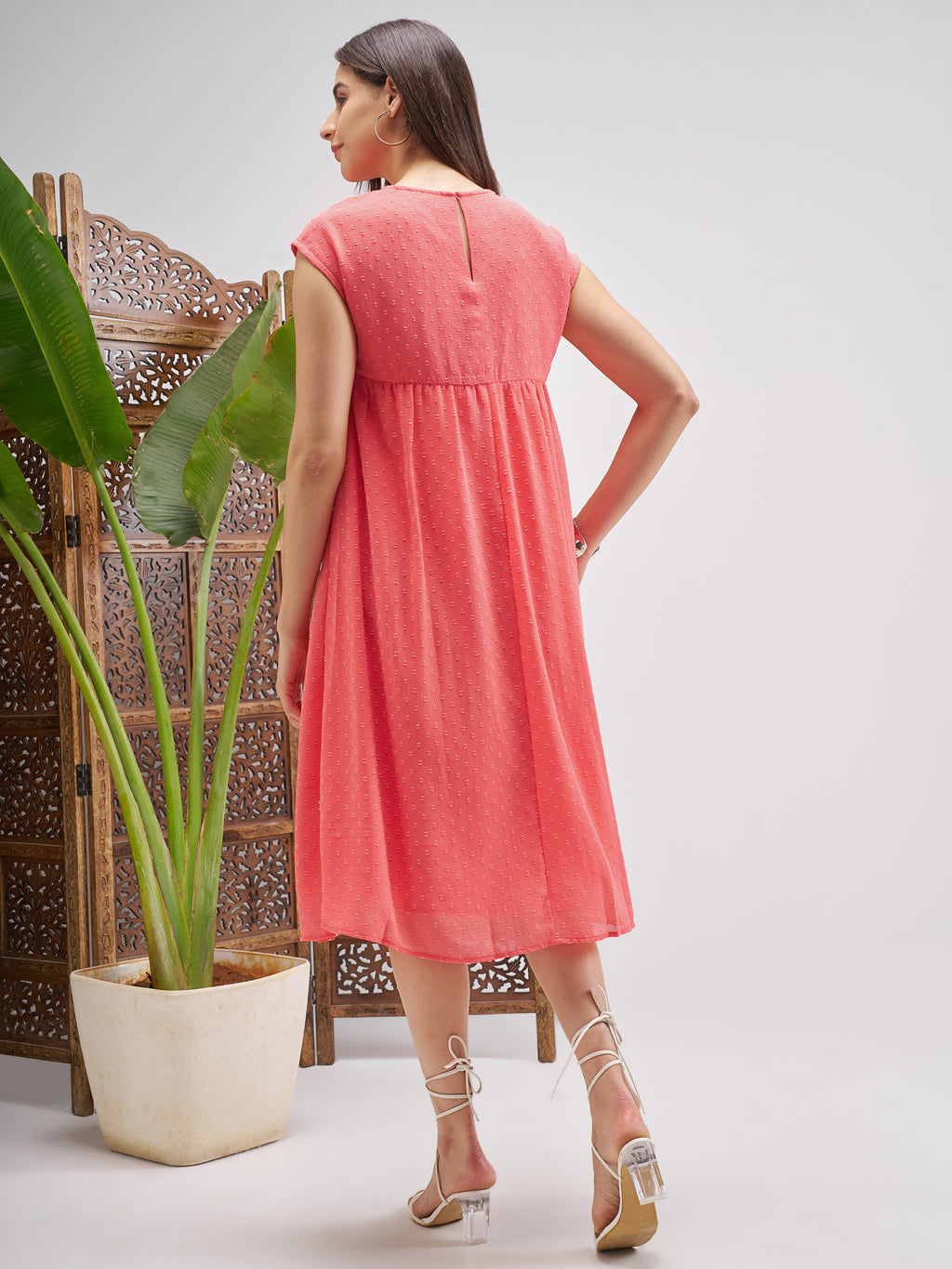 Vishudh Women Peach Embroidered Fit and Flare Dress - Peach - Image 3