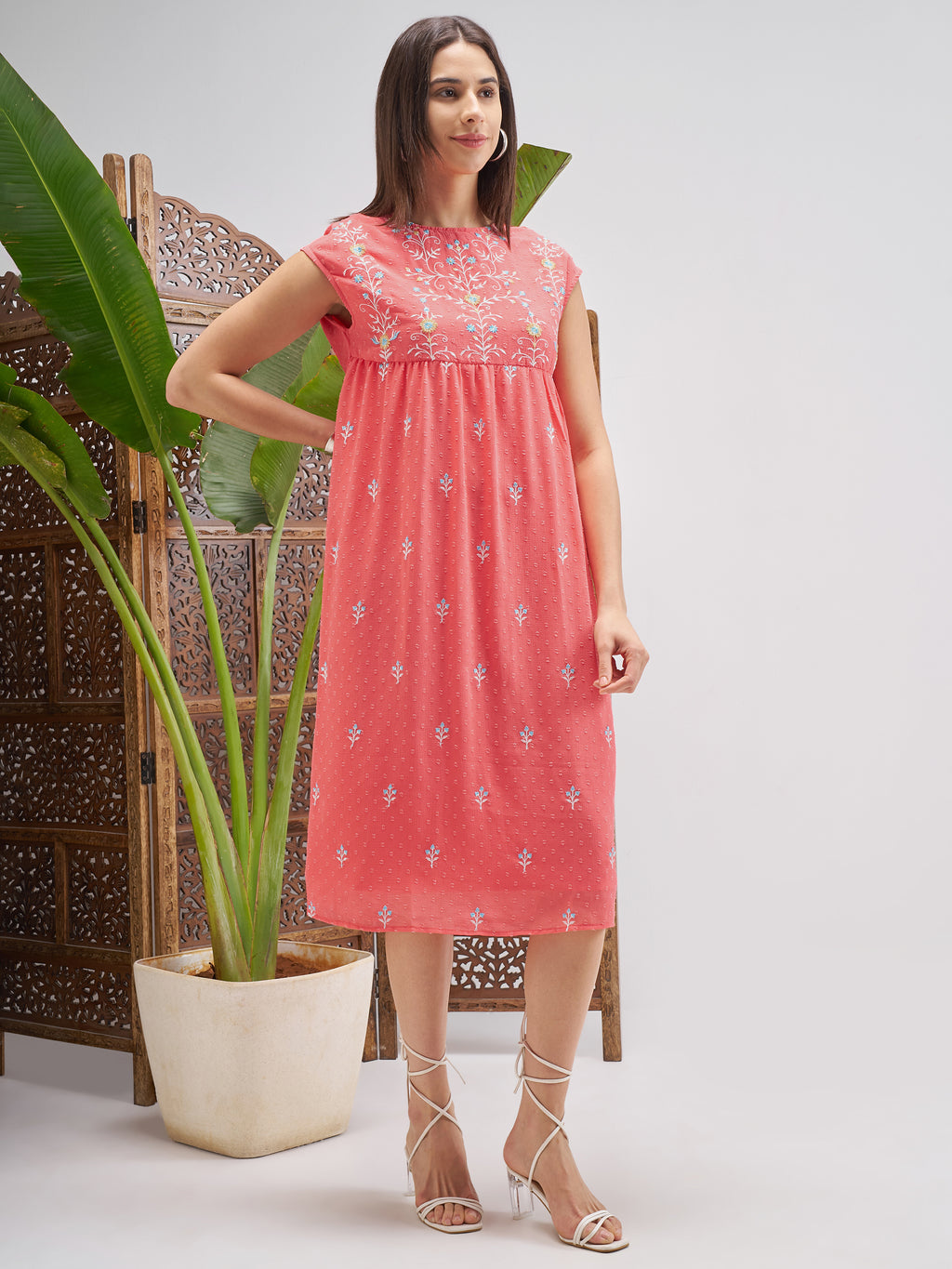 Vishudh Women Peach Embroidered Fit and Flare Dress - Peach - Image 4
