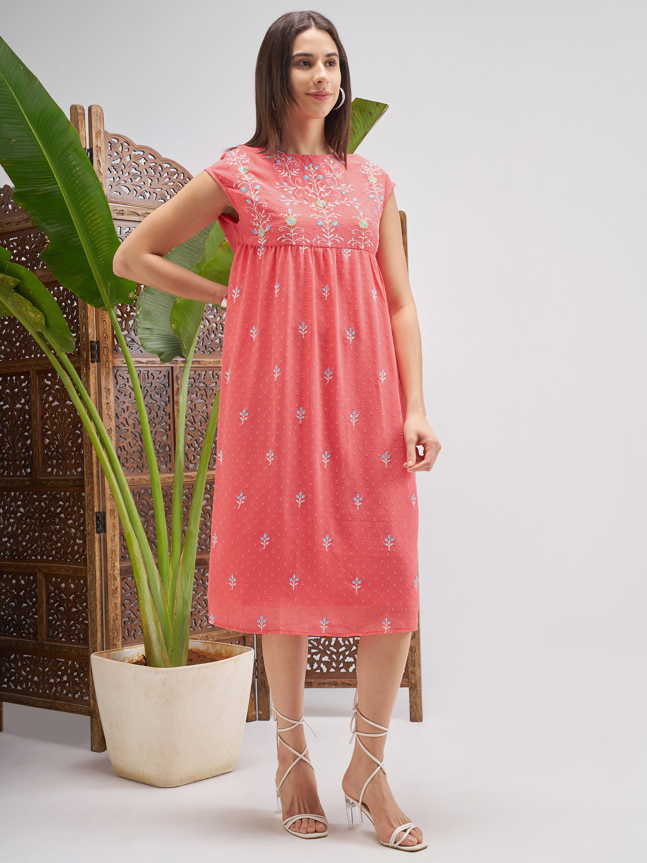 Vishudh Women Peach Embroidered Fit and Flare Dress - Peach - Image 4