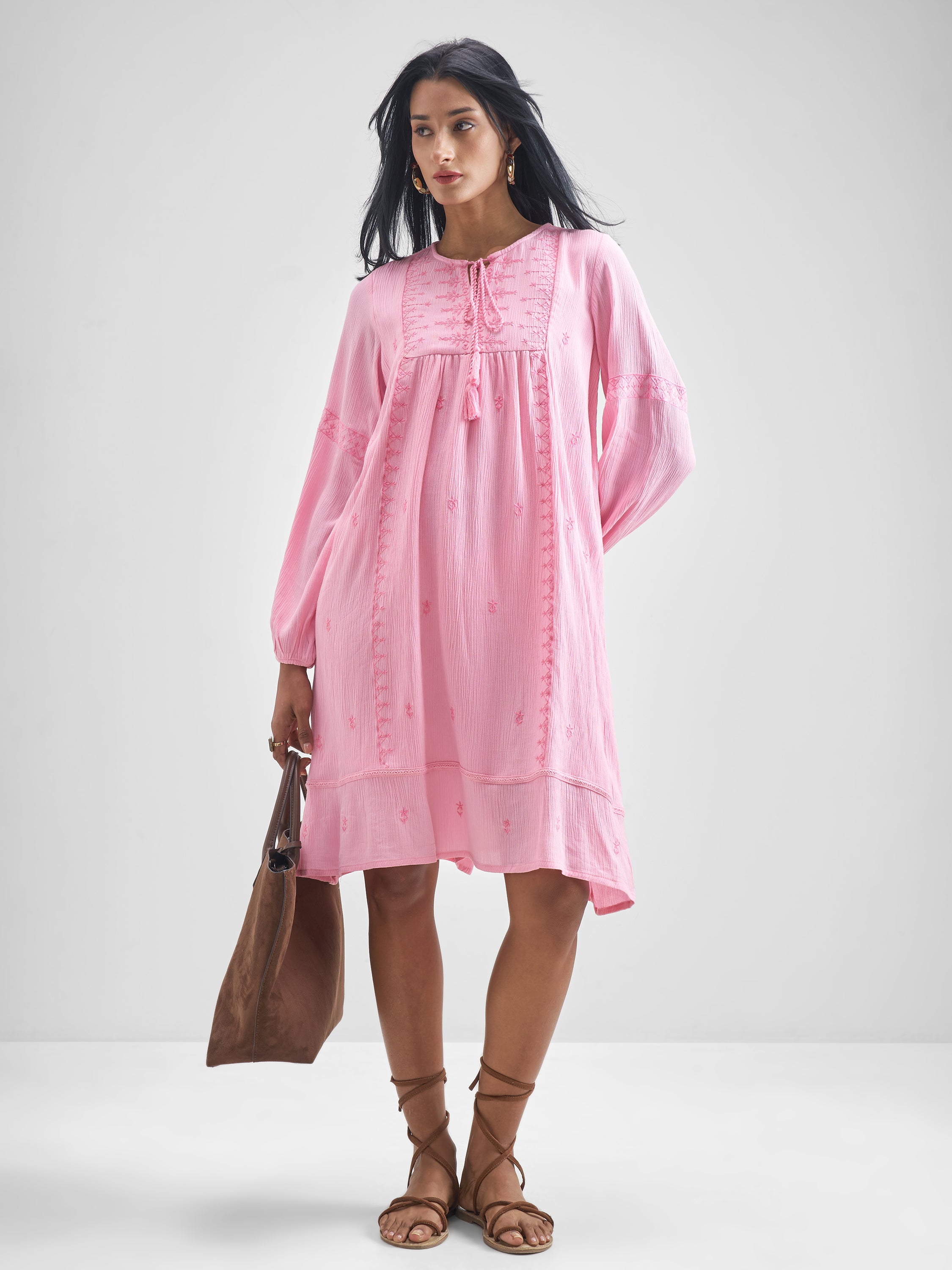 Vishudh Women Pink Embroidered A-Line Dress - Pink - Image 1