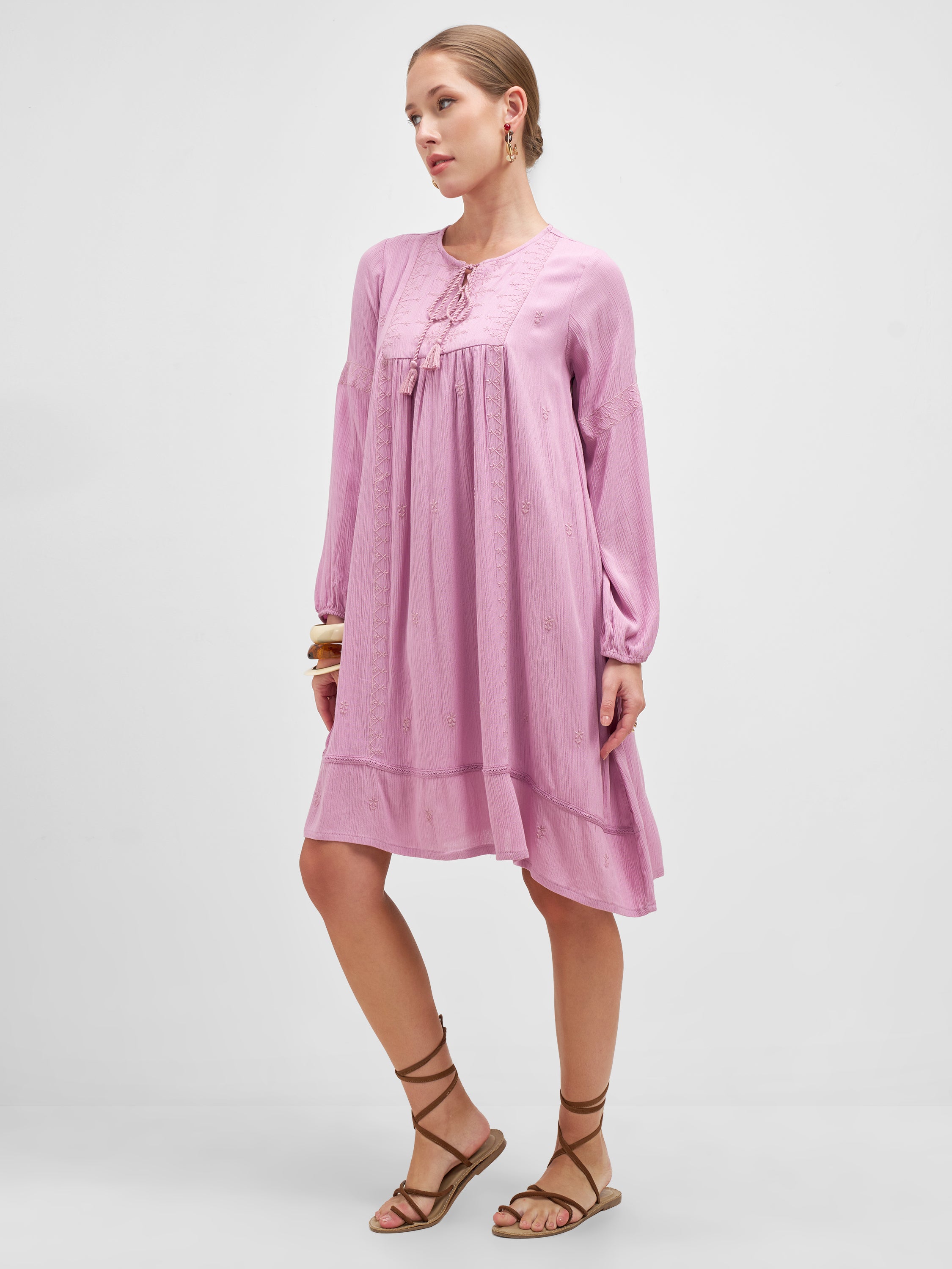Vishudh Women Mauve Embroidered A-Line Dress - Mauve - Image 2