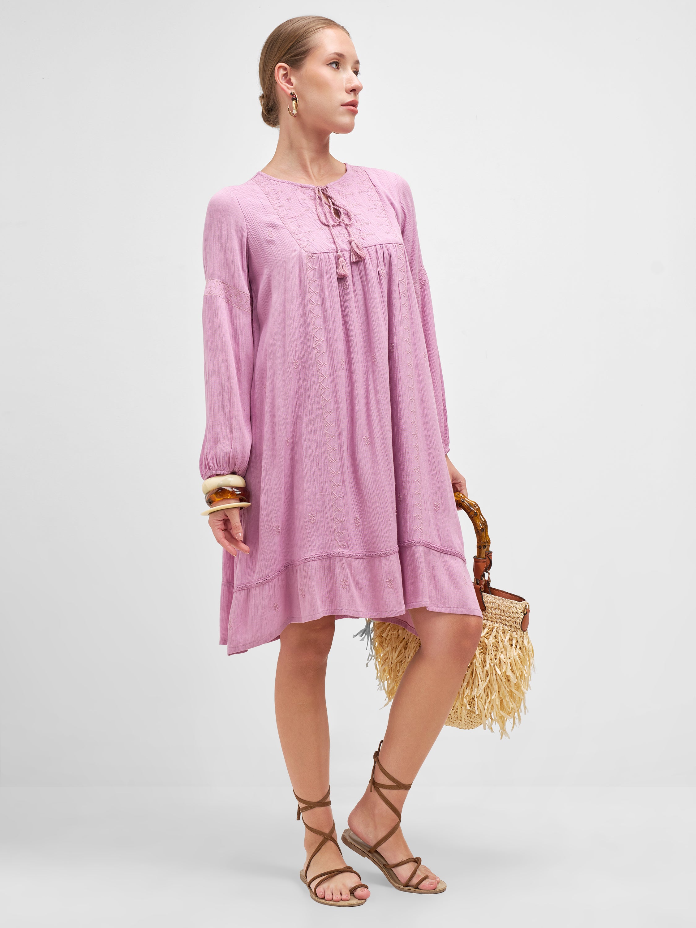 Vishudh Women Mauve Embroidered A-Line Dress - Mauve - Image 4
