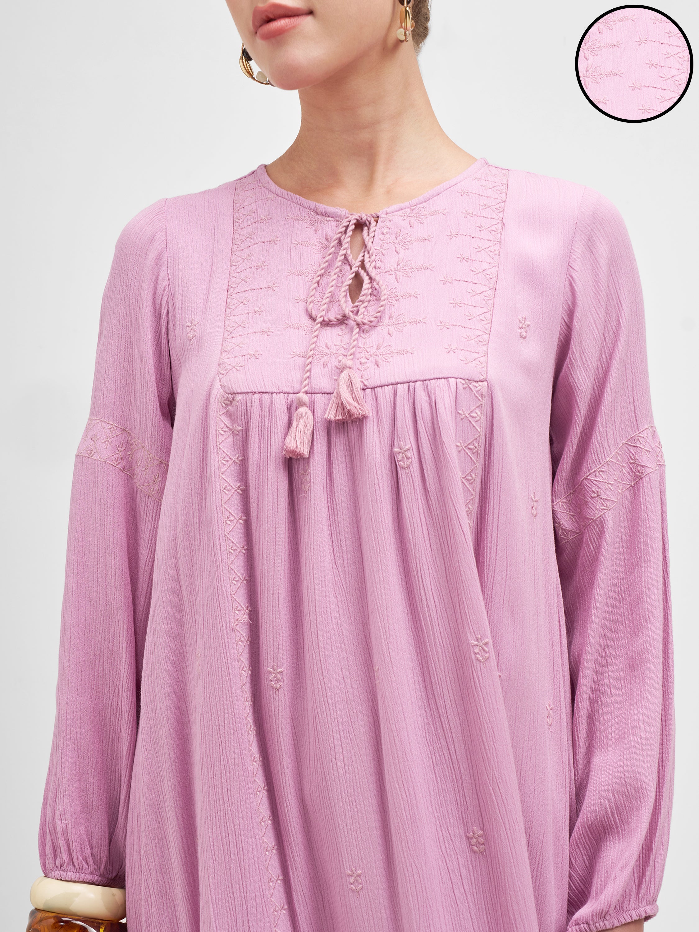 Vishudh Women Mauve Embroidered A-Line Dress - Mauve - Image 5