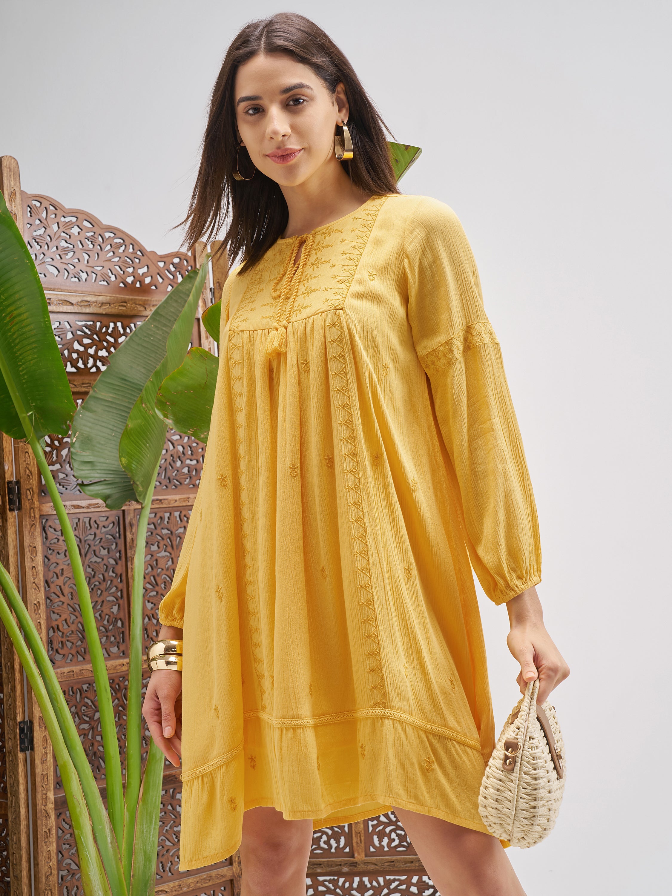 Vishudh Women Yellow Embroidered Fit and Flare Dress - Yellow - Image 1