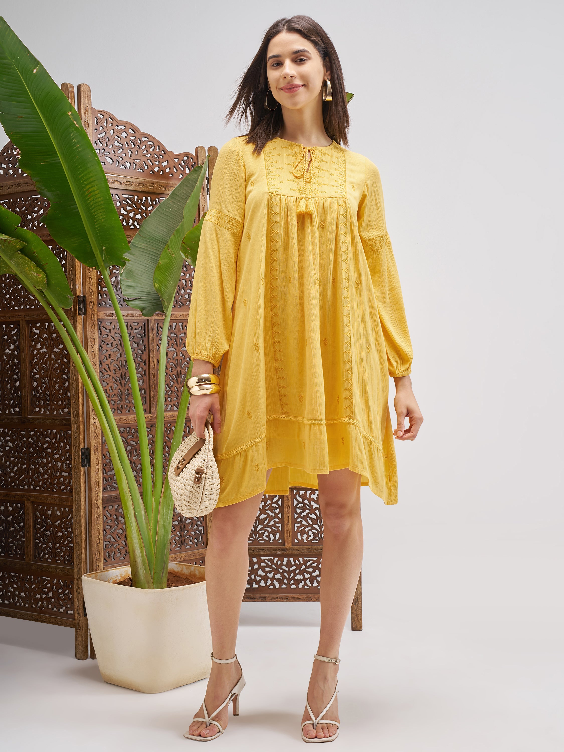 Vishudh Women Yellow Embroidered Fit and Flare Dress - Yellow - Image 2