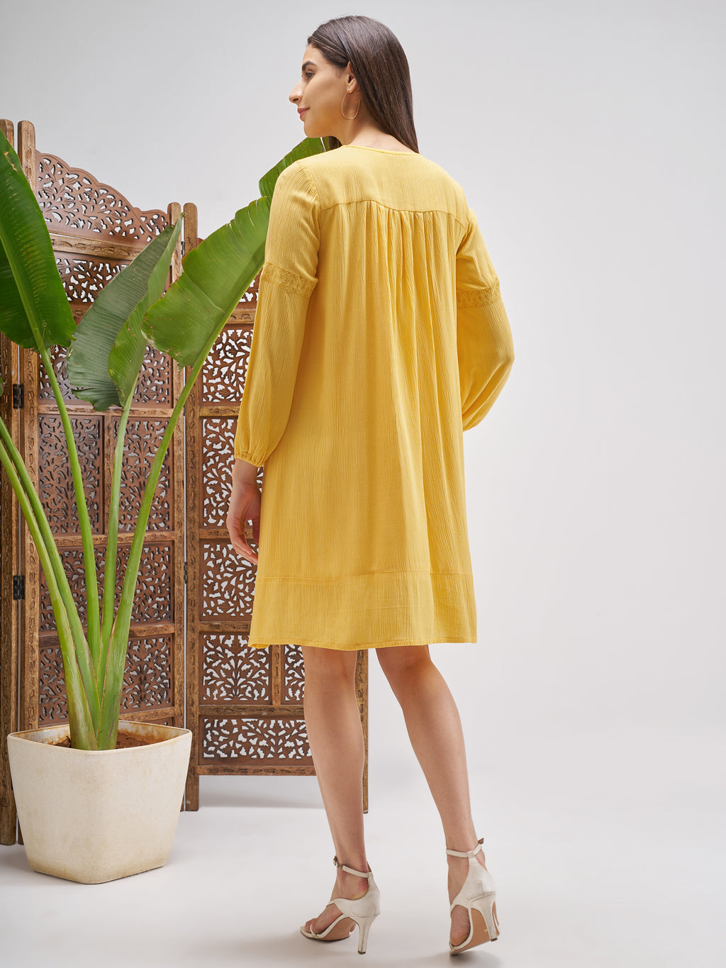 Vishudh Women Yellow Embroidered Fit and Flare Dress - Yellow - Image 3