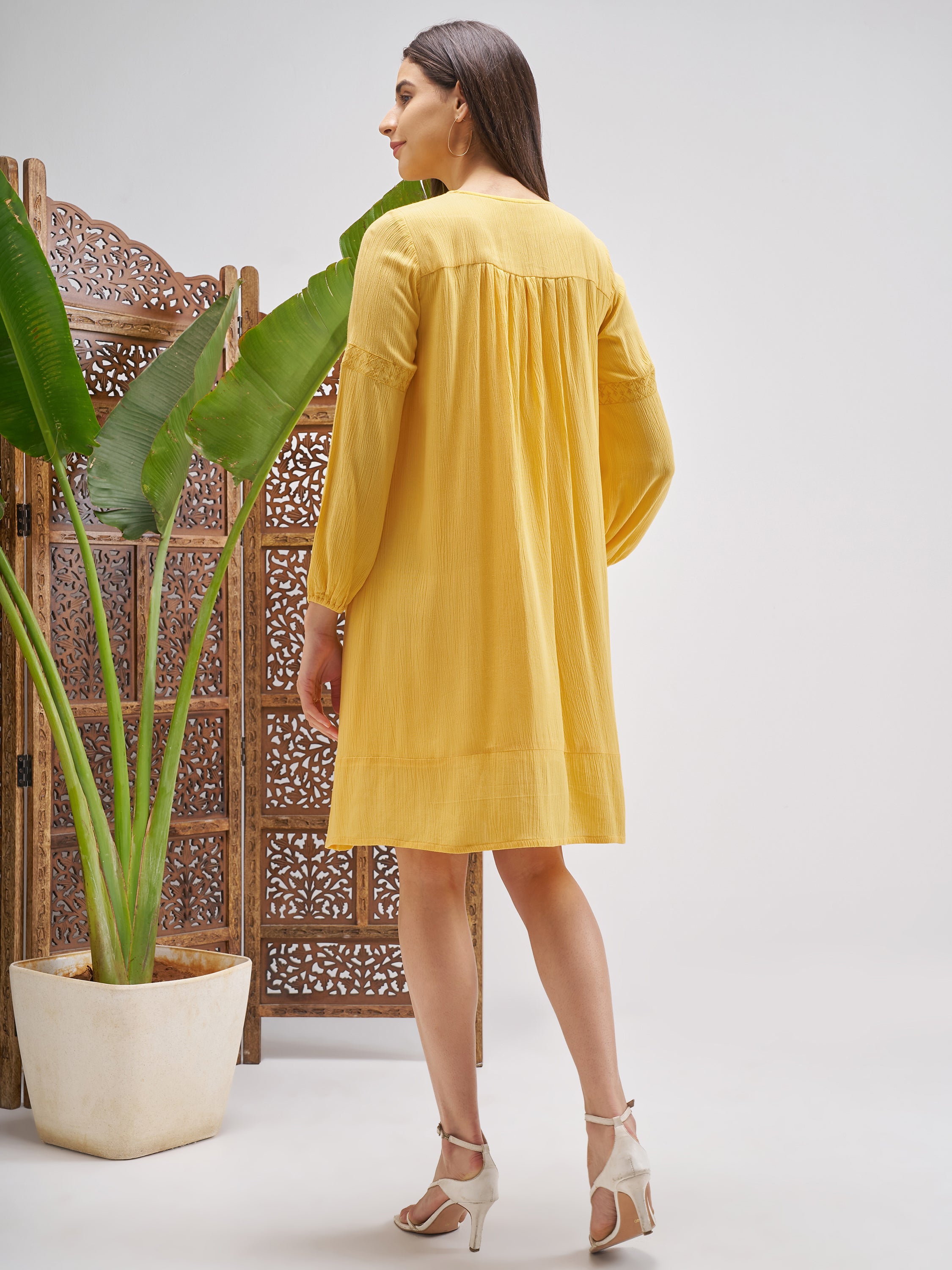 Vishudh Women Yellow Embroidered Fit and Flare Dress - Yellow - Image 3