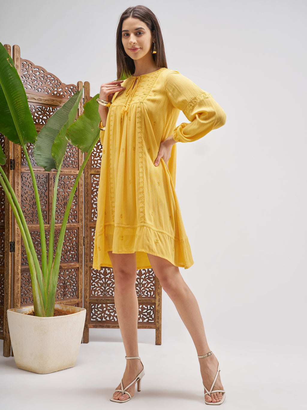 Vishudh Women Yellow Embroidered Fit and Flare Dress - Yellow - Image 4