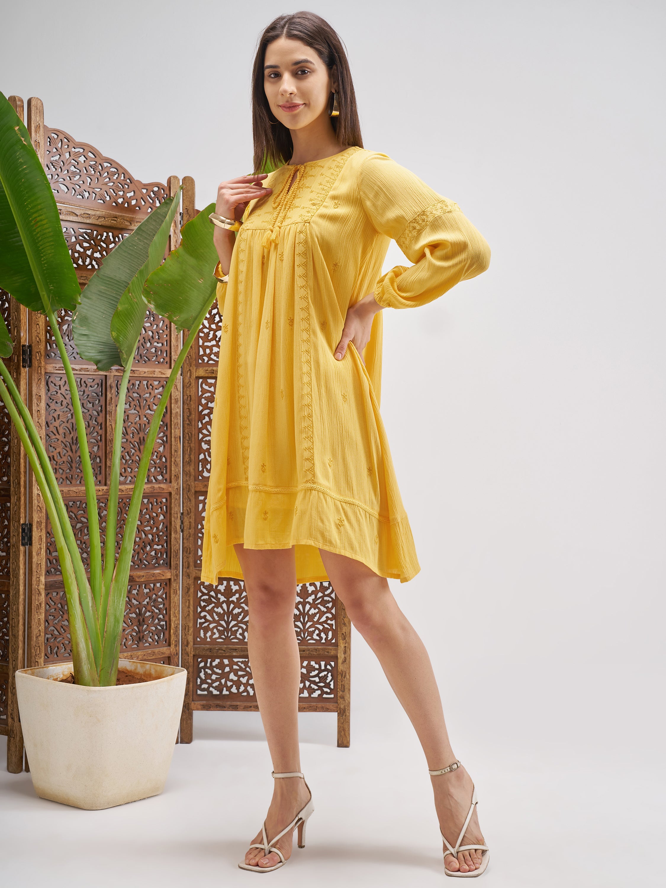 Vishudh Women Yellow Embroidered Fit and Flare Dress - Yellow - Image 4