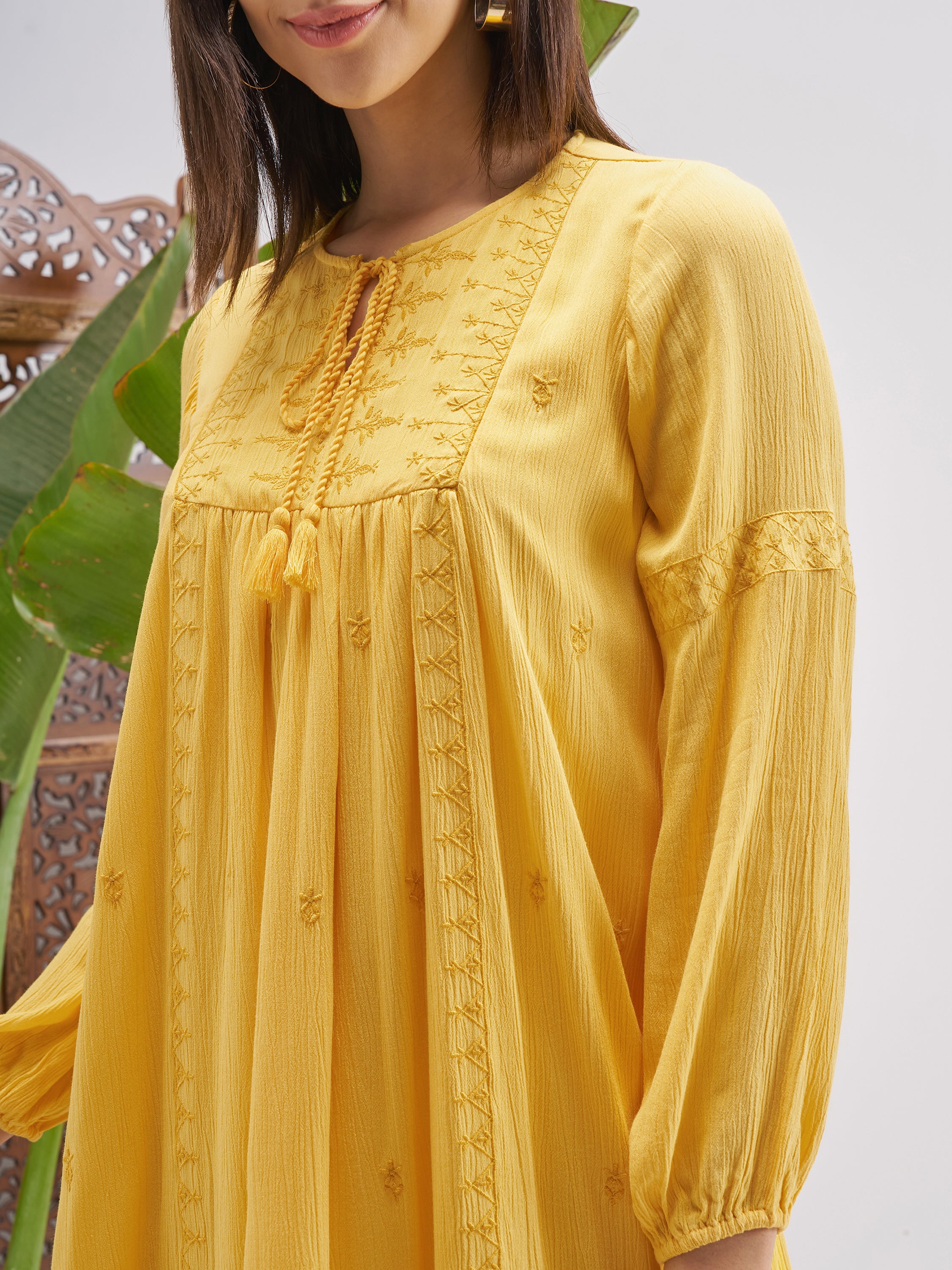 Vishudh Women Yellow Embroidered Fit and Flare Dress - Yellow - Image 5