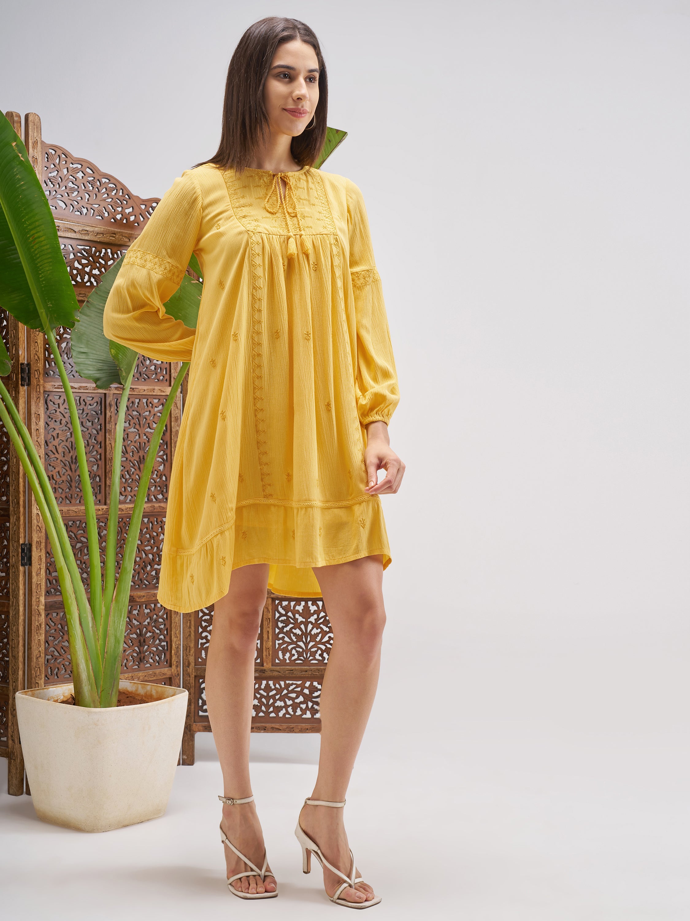 Vishudh Women Yellow Embroidered Fit and Flare Dress - Yellow - Image 6