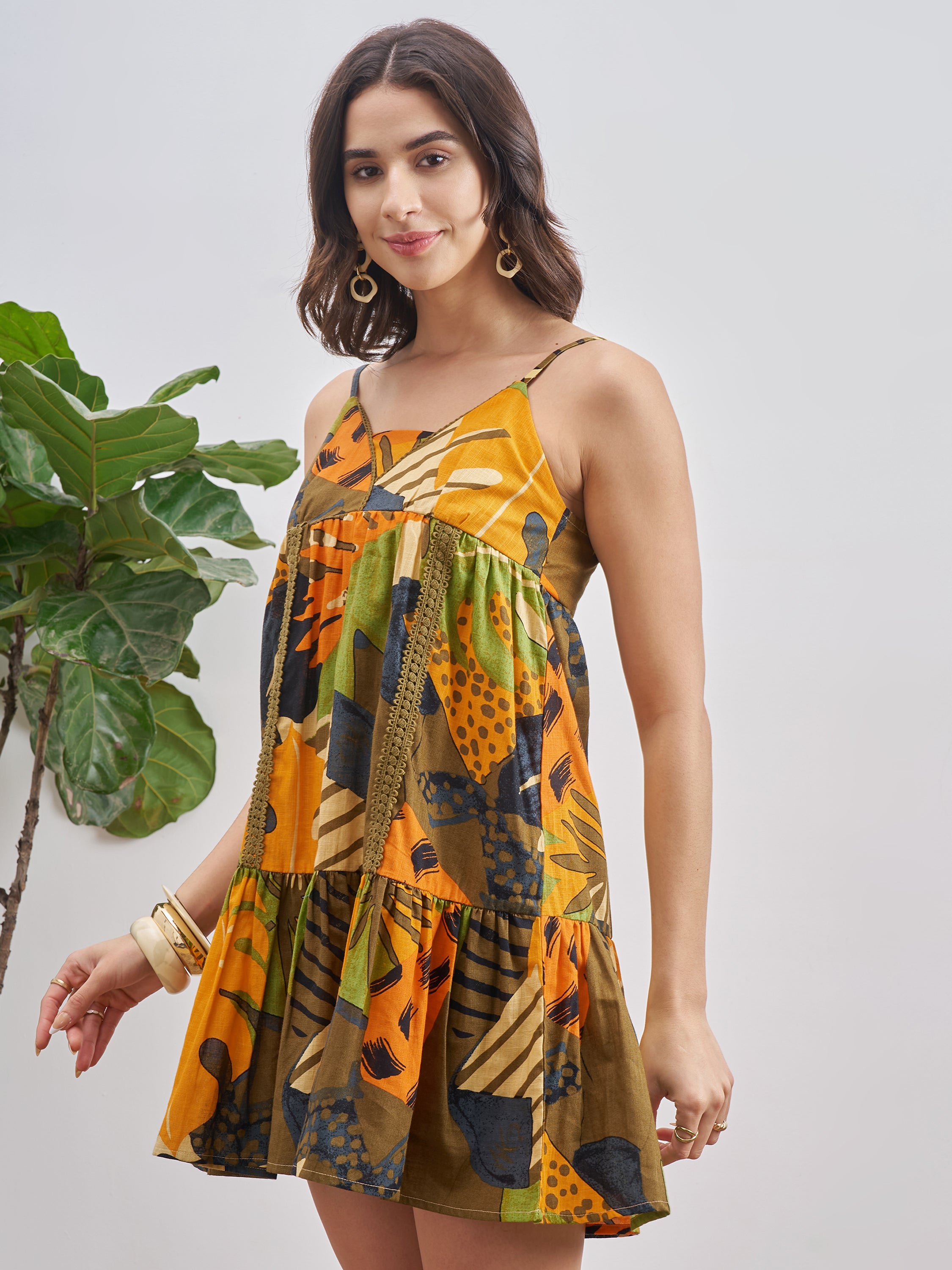 Vishudh Women Yellow Printed A-Line Dress - Yellow - Image 4