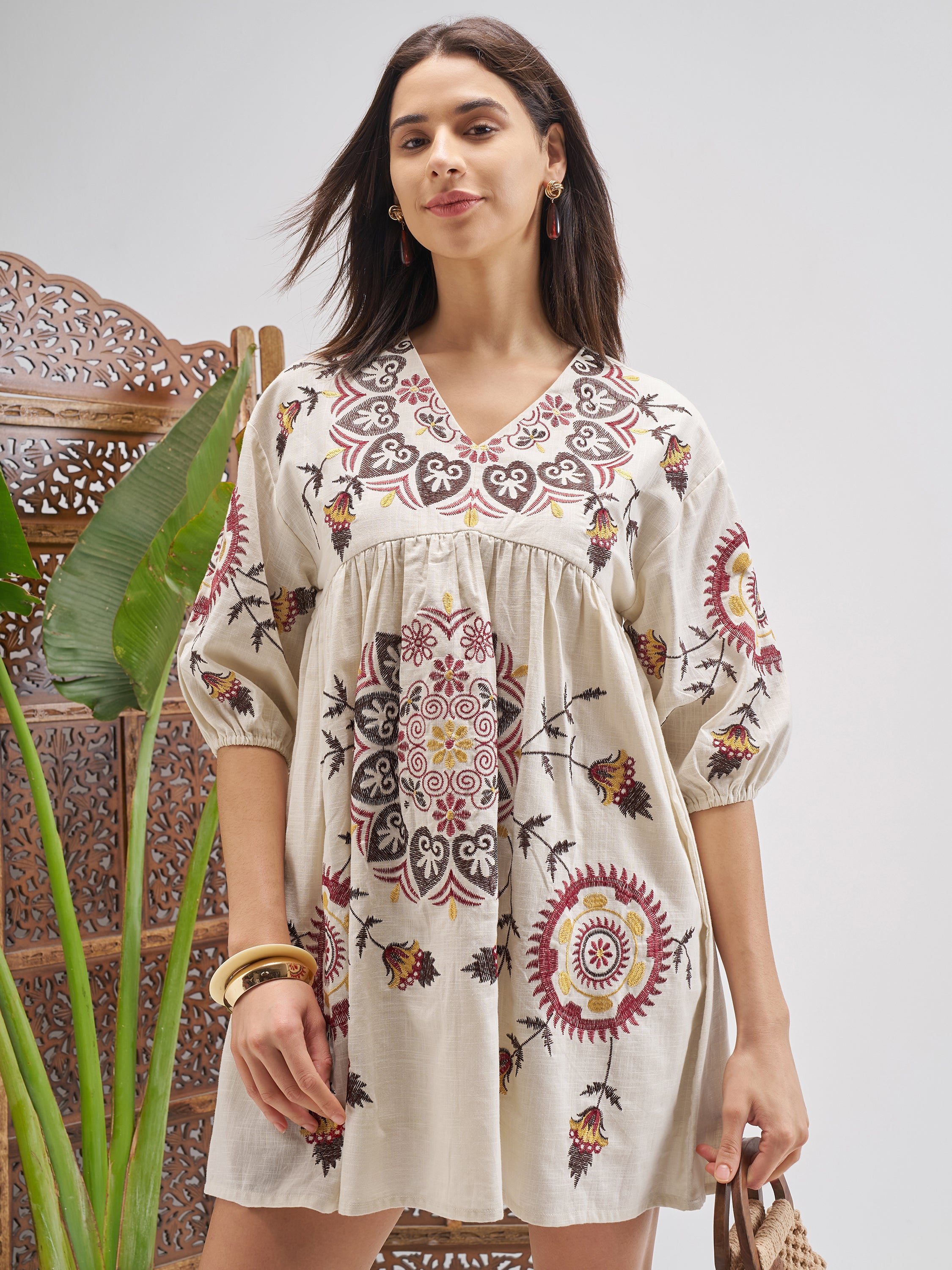 Vishudh Women Off White Printed Fit and Flare Dress - Off White - Image 1