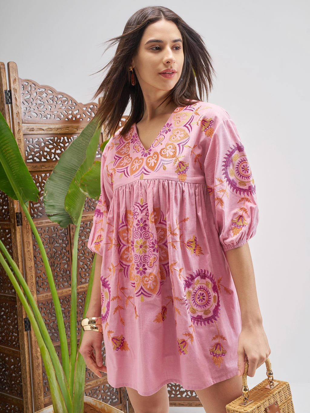 Vishudh Women Pink Printed Fit and Flare Dress - Pink - Image 1