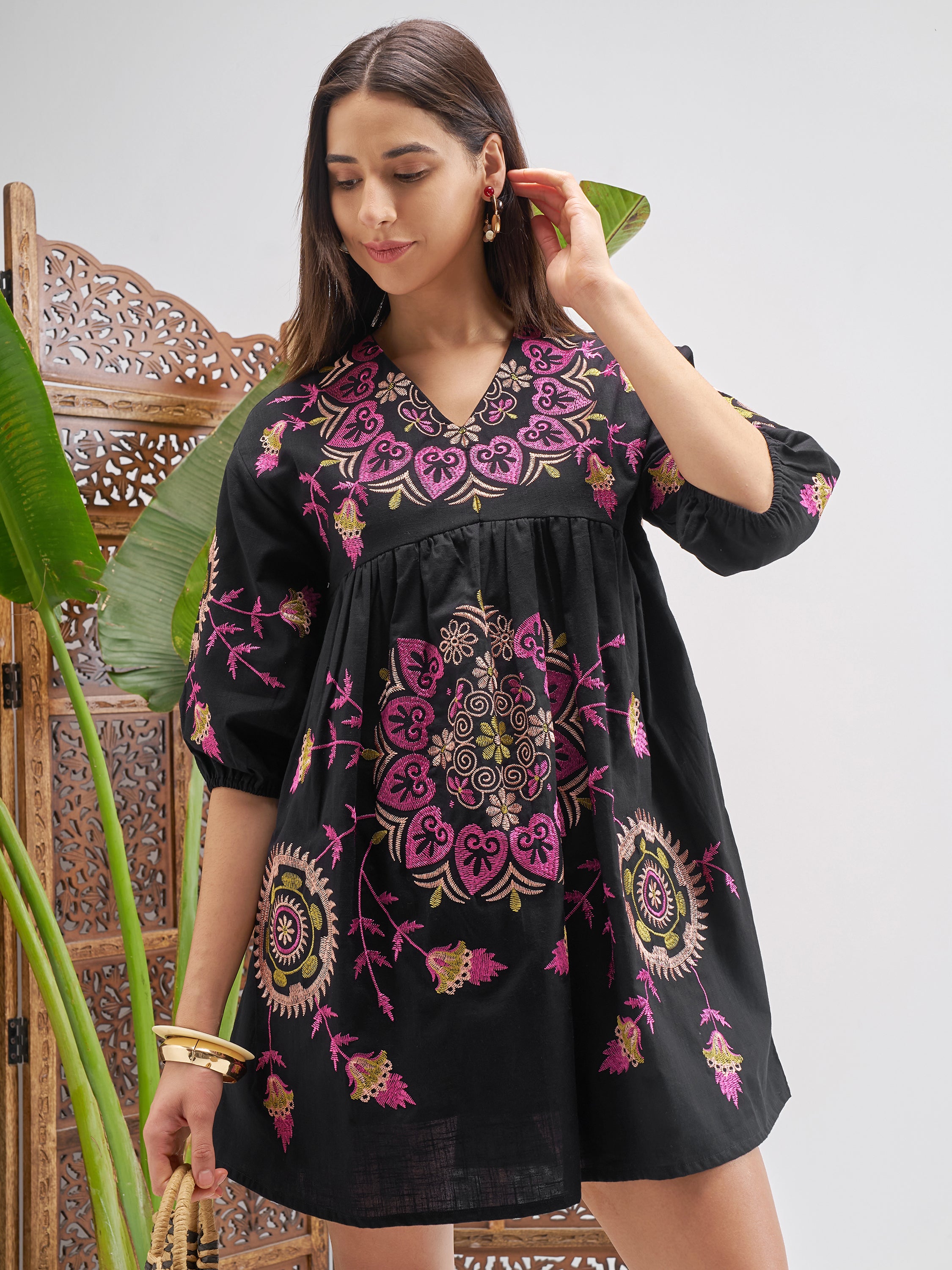 Vishudh Women Black Printed Fit and Flare Dress - Black - Image 1