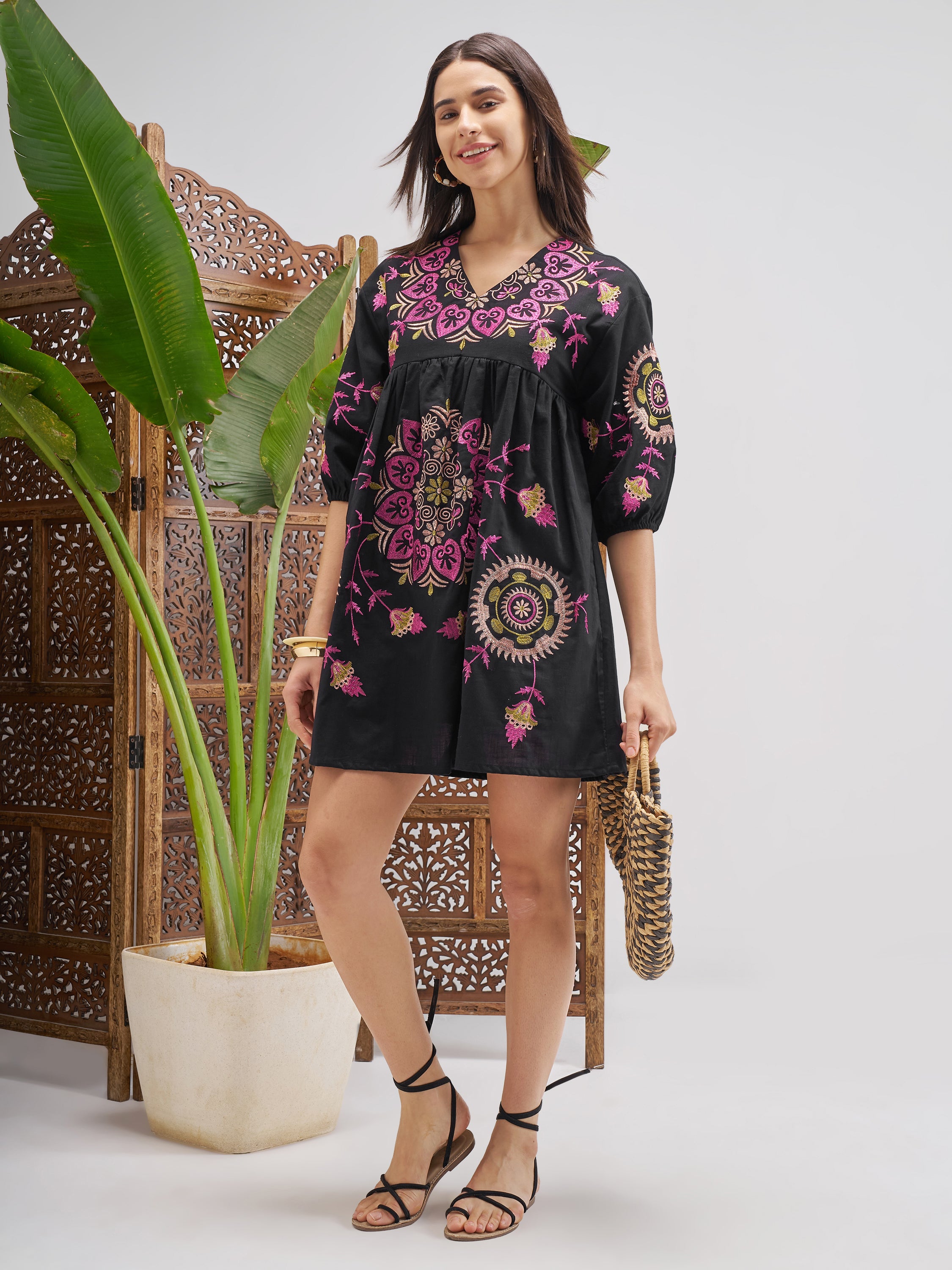 Vishudh Women Black Printed Fit and Flare Dress - Black - Image 2