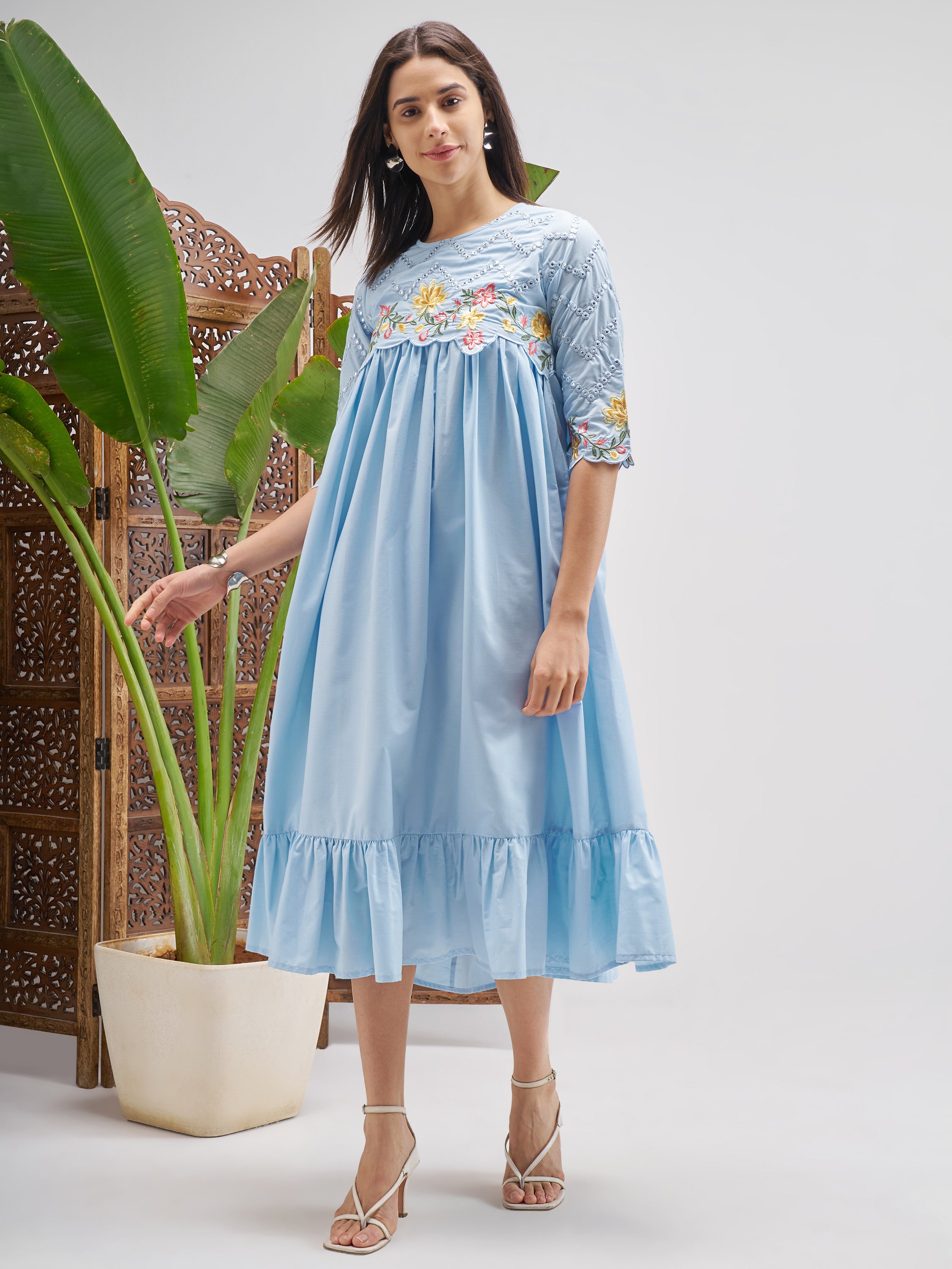 Vishudh Women Blue Embroidered Fit and Flare Dress - Blue - Image 1