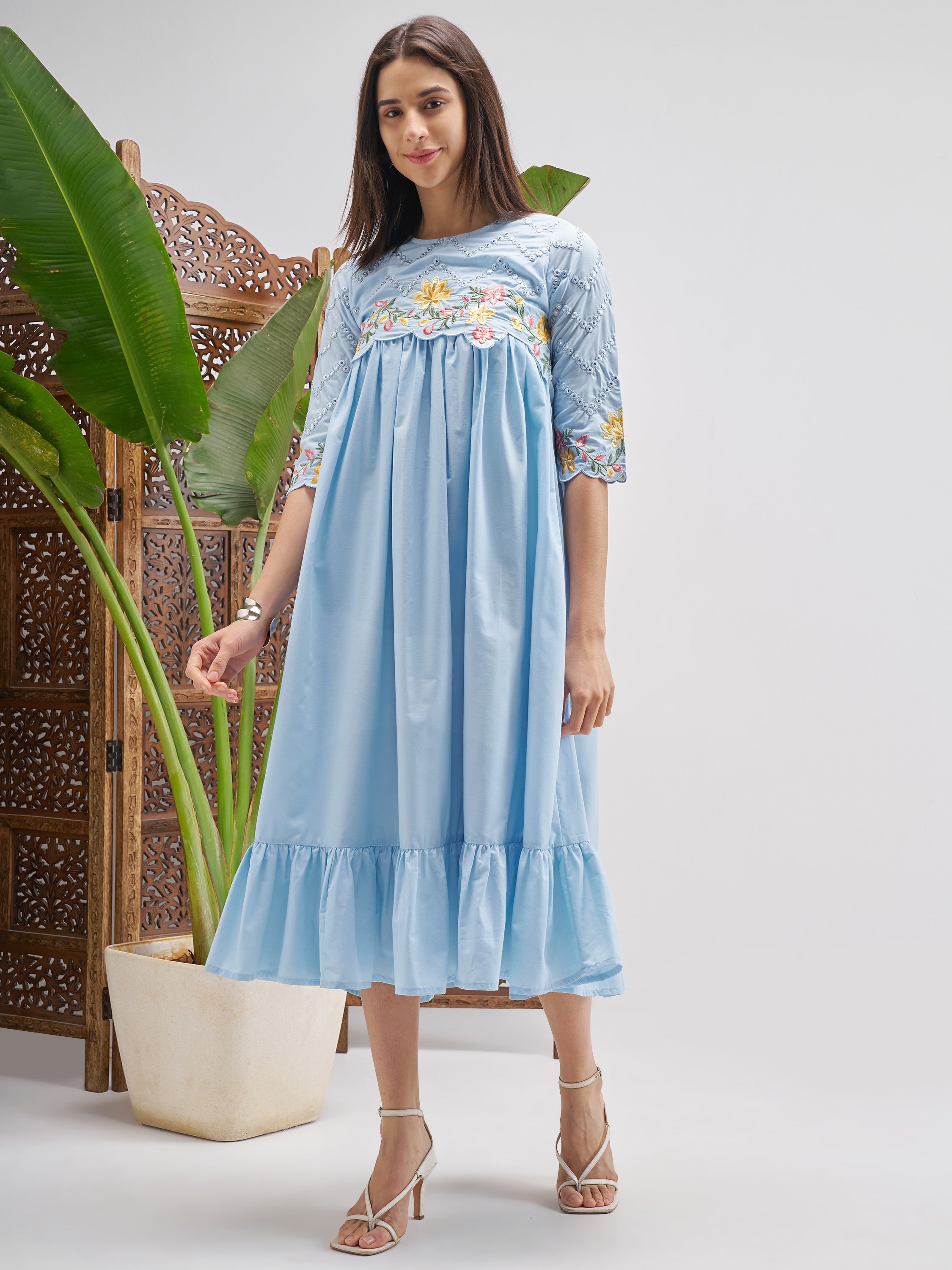 Vishudh Women Blue Embroidered Fit and Flare Dress - Blue - Image 2