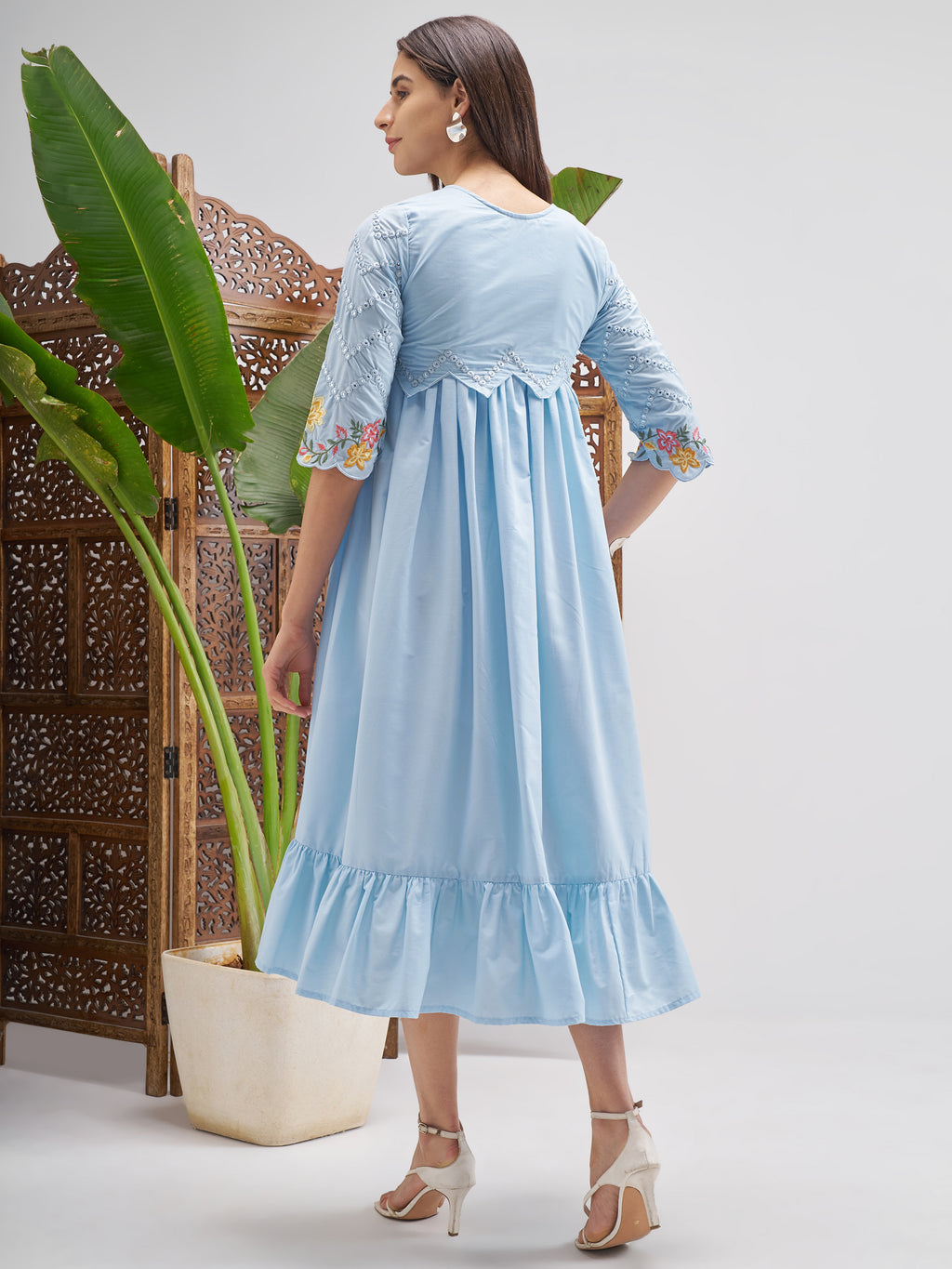 Vishudh Women Blue Embroidered Fit and Flare Dress - Blue - Image 3