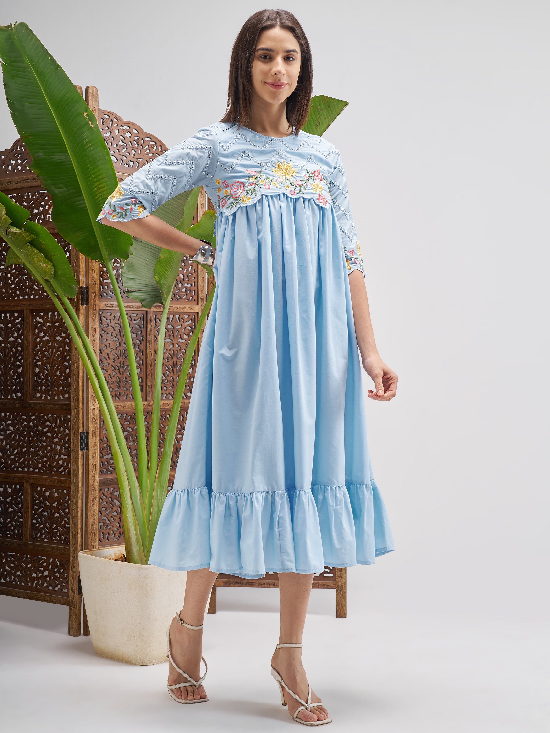Vishudh Women Blue Embroidered Fit and Flare Dress - Blue - Image 4