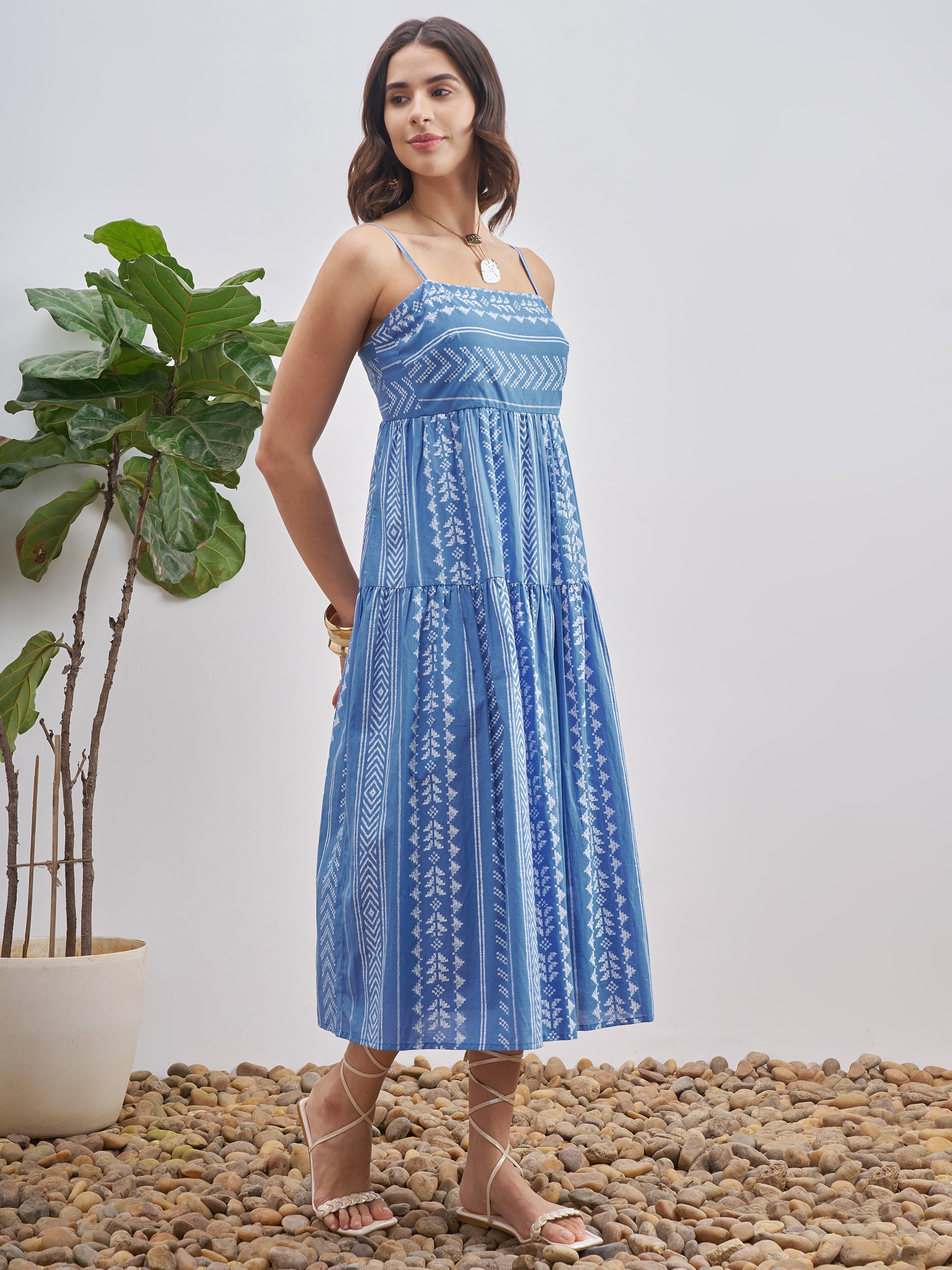 Vishudh Women Blue Self Design A-Line Dress - Blue - Image 4
