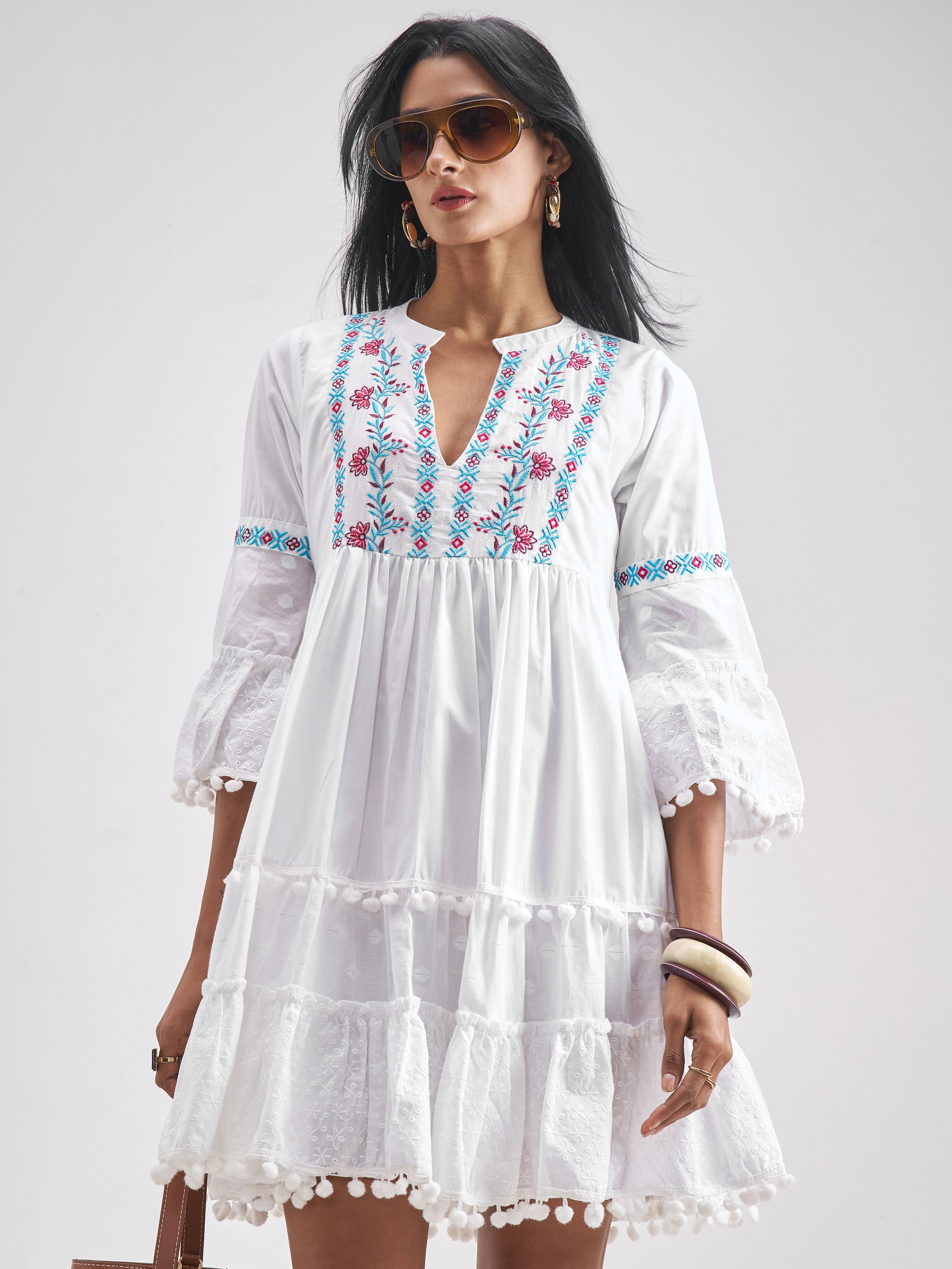 Vishudh Women White Embroidered Fit and Flare Dress - White - Image 1
