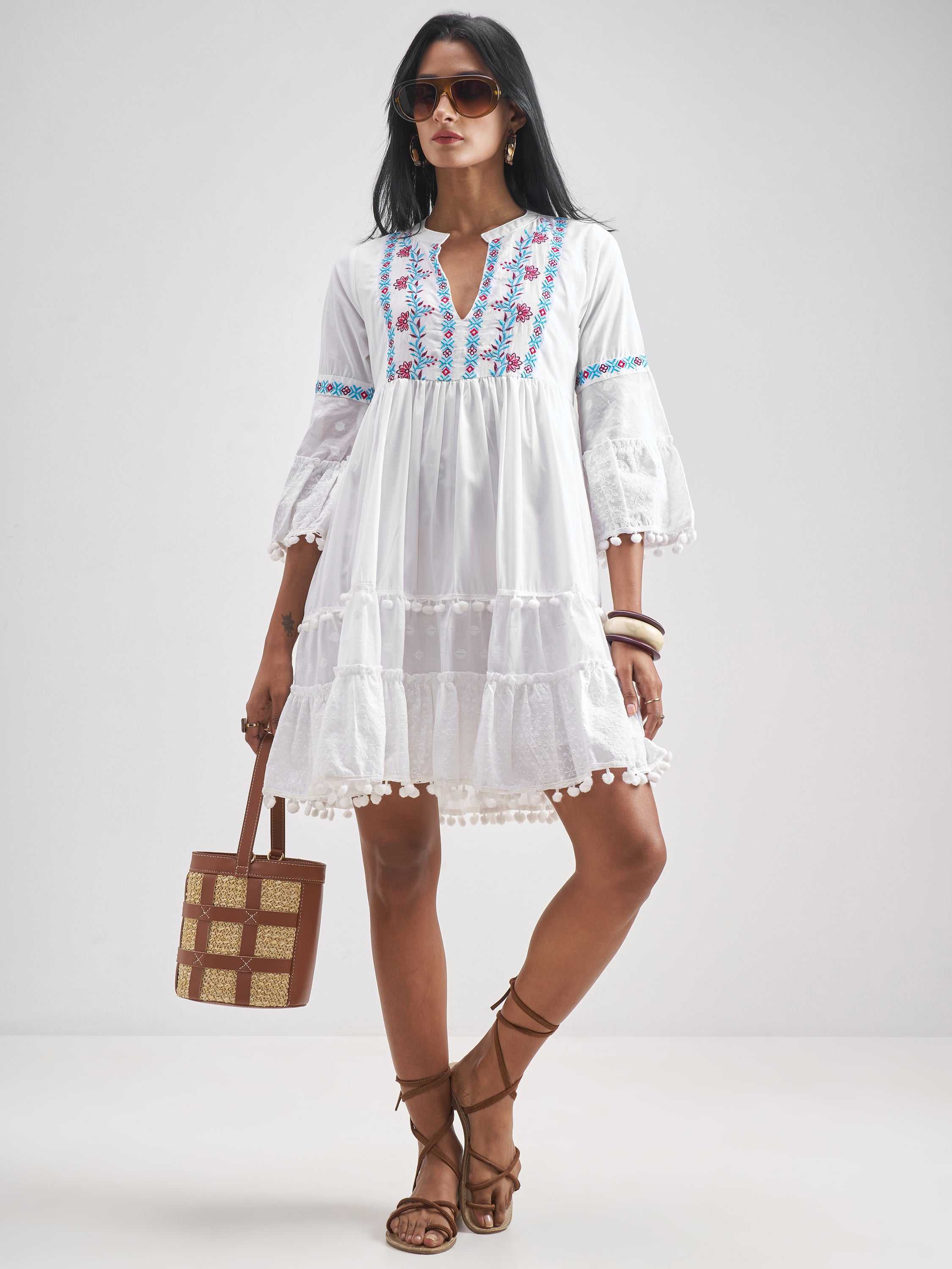 Vishudh Women White Embroidered Fit and Flare Dress - White - Image 2