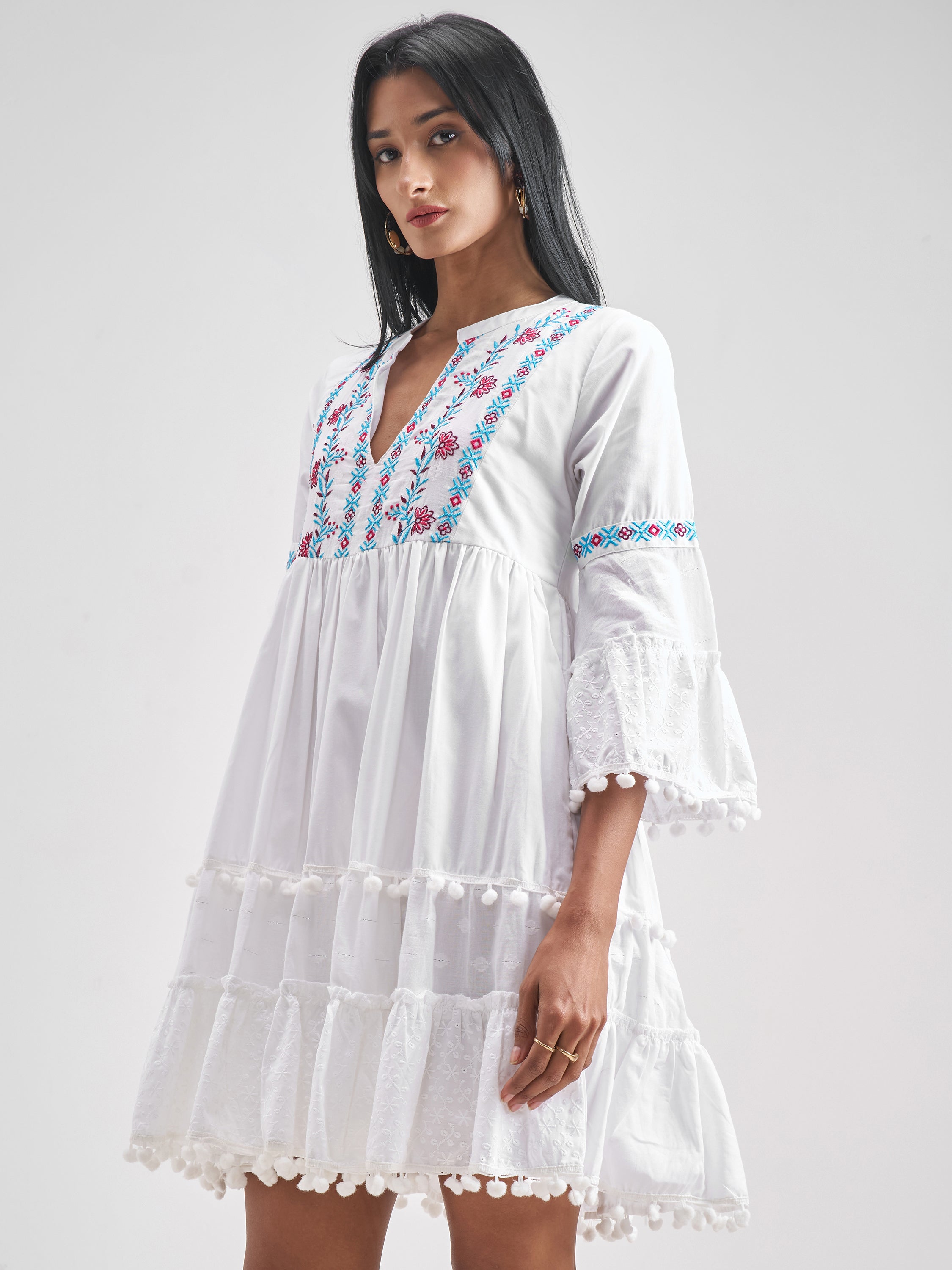 Vishudh Women White Embroidered Fit and Flare Dress - White - Image 4