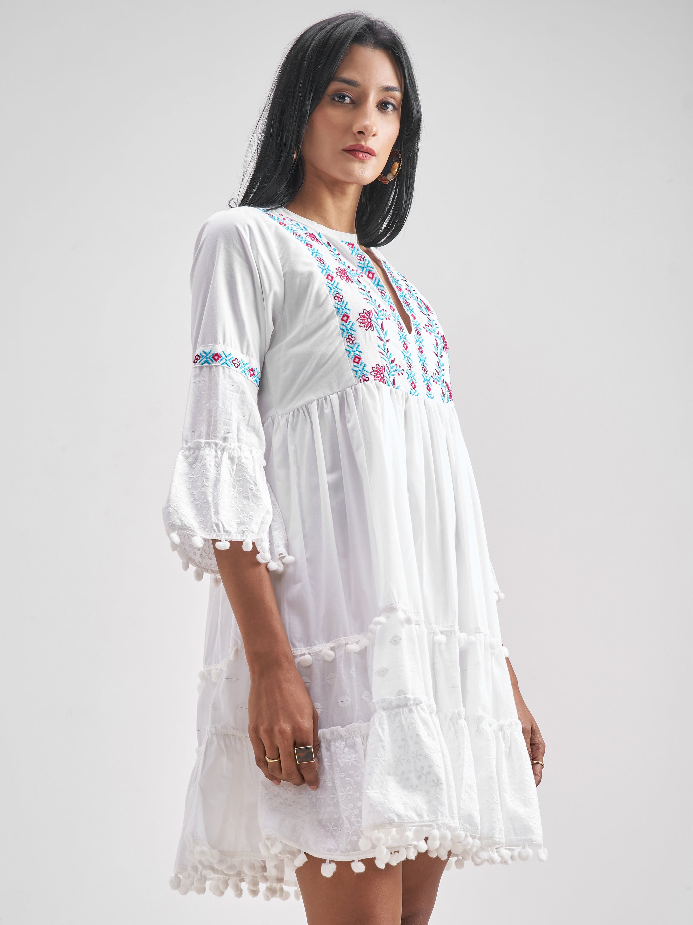 Vishudh Women White Embroidered Fit and Flare Dress - White - Image 6