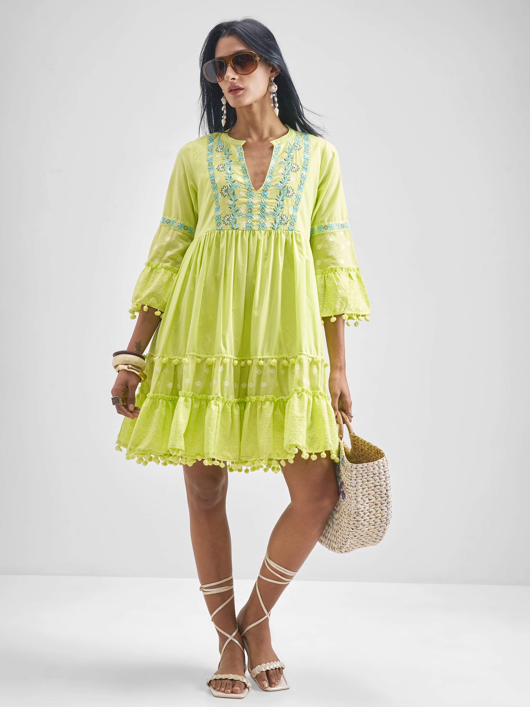 Vishudh Women Green Embroidered Fit and Flare Dress - Green - Image 2