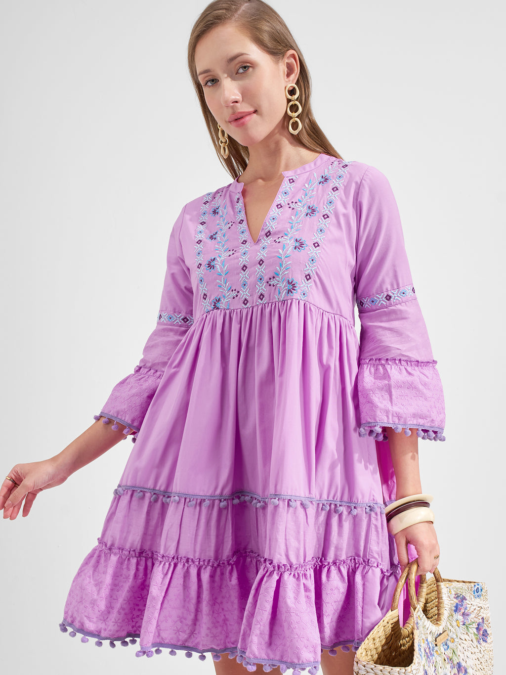 Vara By Vishudh Women Lavender Embroidered Fit and Flare Dress
