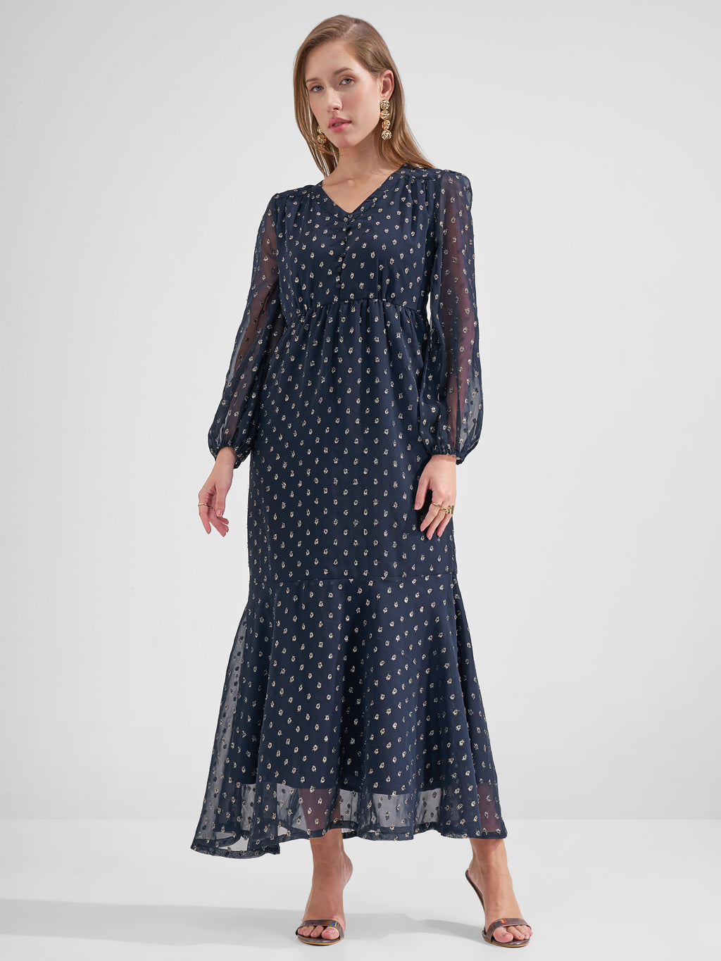 Vara By Vishudh Women Navy Blue Embroidered Fit and Flare Dress