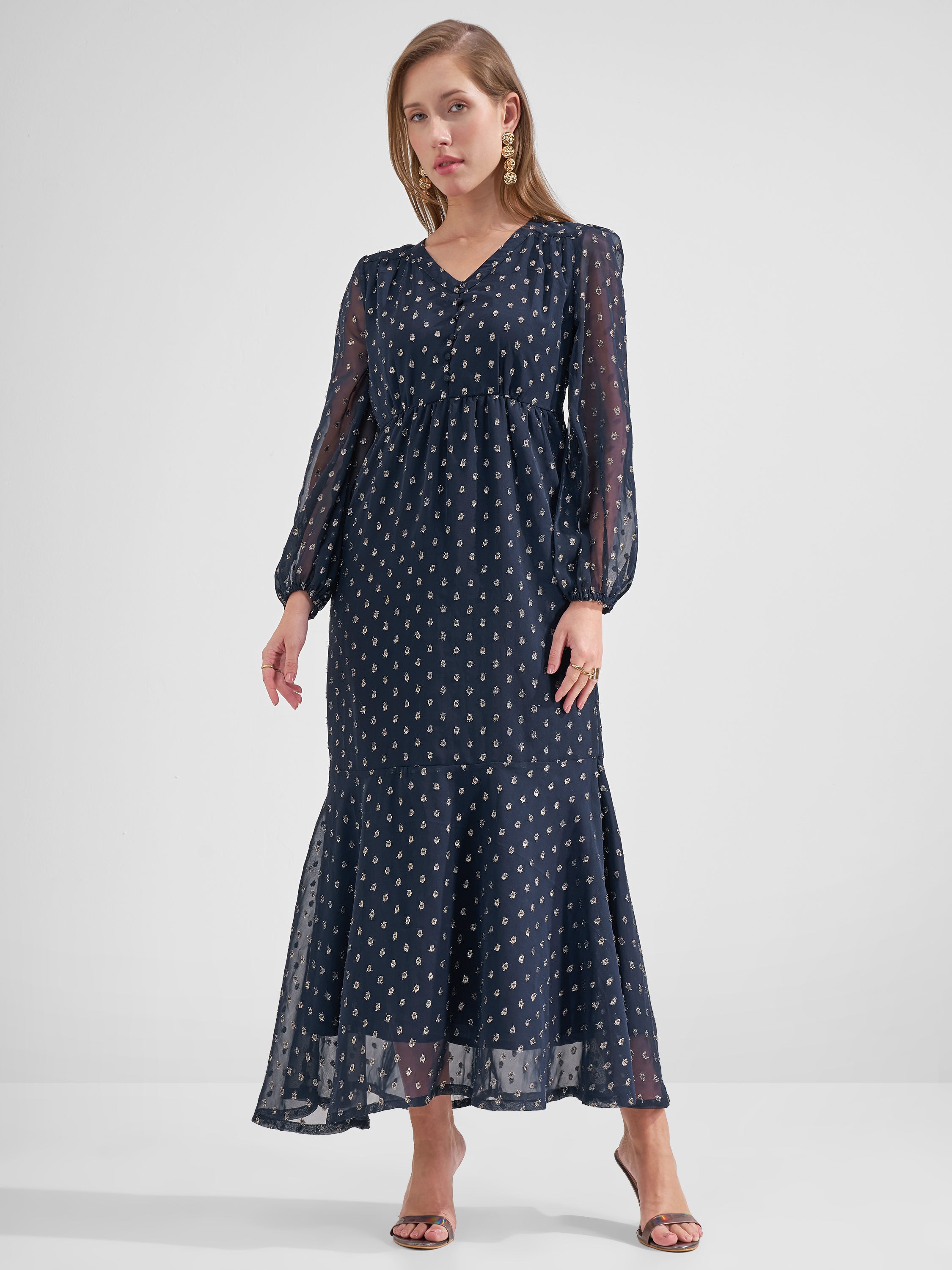Vara By Vishudh Women Navy Blue Embroidered Fit and Flare Dress